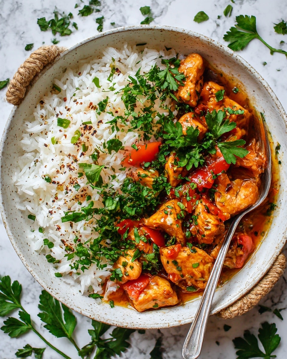 A white speckled round bowl with rope handles contains two main layers; on the left side is a thick orange-colored curry with visible pieces of chicken, red bell pepper chunks, and finely chopped green herbs sprinkled on top. On the right side, there is a fluffy mound of white rice, lightly topped with green herbs and black pepper. A silver fork rests inside the bowl on the right edge, partially touching the rice. The bowl sits on a white marbled surface with scattered green parsley leaves around it. Photo taken with an iphone --ar 4:5 --v 7