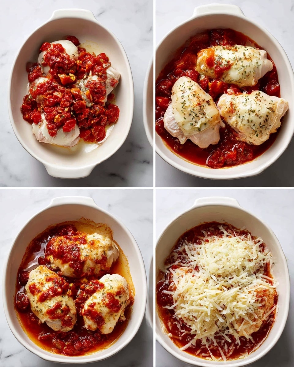 The image shows four stages of a white ceramic dish with four pieces of chicken inside, placed on a white marbled surface. In the first stage, the chicken pieces are raw and topped with a chunky red tomato mixture scattered over them. In the second stage, the chicken looks cooked with the same red tomato topping soaked around the pieces. The third stage shows the cooked chicken again with the sauce, but with a closer view and a slight change in lighting revealing more texture in the tomato mix. In the last stage, a layer of shredded pale yellow and white cheese is spread evenly on top of the tomato sauce over the chicken, filling the top of the dish. Photo taken with an iphone --ar 4:5 --v 7
