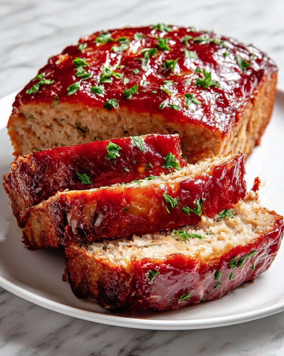 The image shows a meatloaf slice with two main layers: the bottom layer is a large, light brown, soft-textured loaf with visible herbs and small pieces inside, and the top layer is a shiny, dark red glaze spread evenly across the surface with small green herb leaves sprinkled on top. The meatloaf is cut into thick slices and placed on a white plate, all set on a white marbled surface. The overall look is moist, with contrast between the smooth glaze and the crumbly loaf inside. Photo taken with an iphone --ar 4:5 --v 7