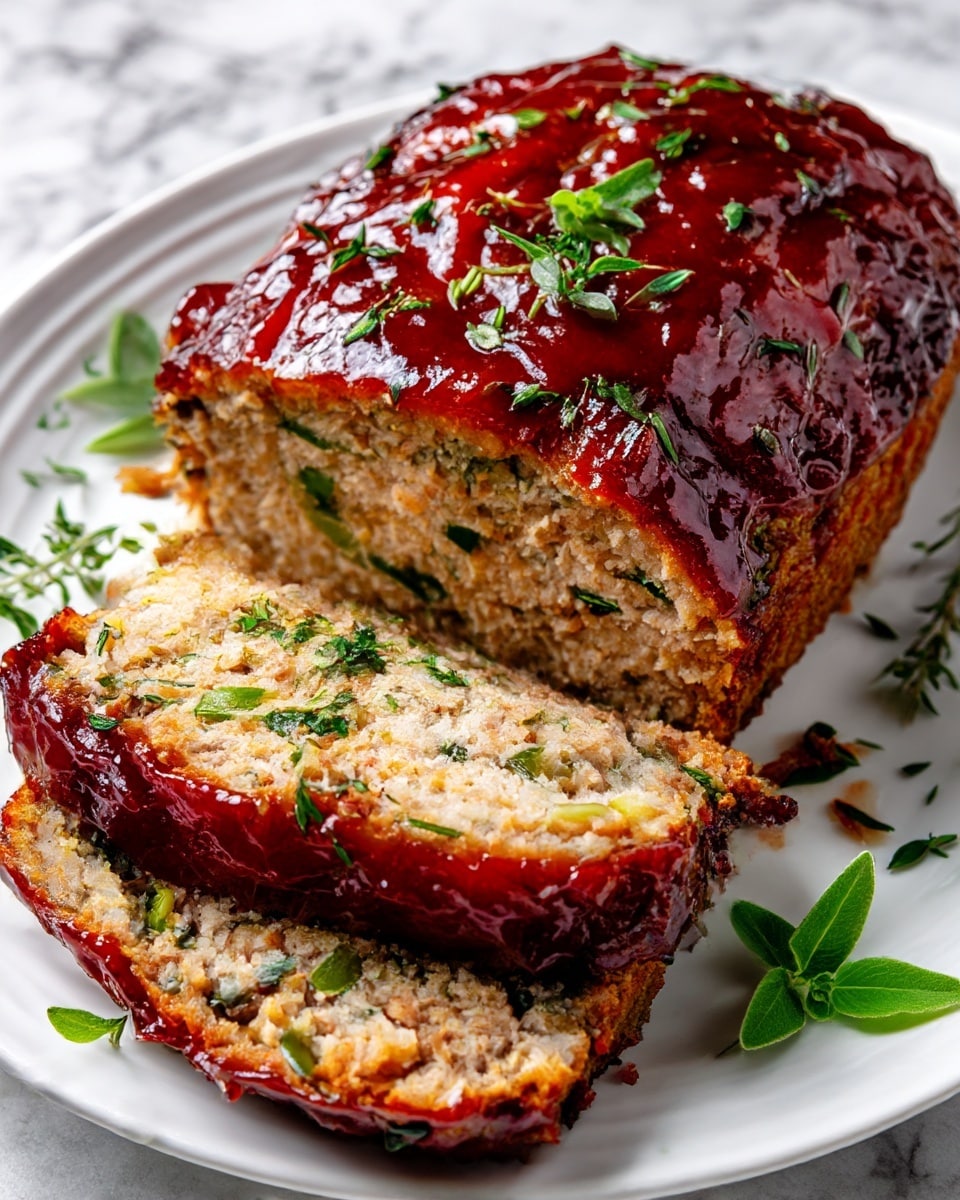 A loaf of light brown meatloaf sits on a white plate on a white marbled surface, topped with a thick, shiny dark red glaze spread evenly across the top. Two slices are cut from the loaf and lie next to it, showing the soft, moist inside with small green herb flecks scattered throughout. Additional green herb pieces are sprinkled over the top of the glaze and around the plate, adding a fresh color contrast. The image has a close-up view with soft lighting that highlights the texture and shine of the glaze and the tender crumb of the meatloaf photo taken with an iphone --ar 4:5 --v 7