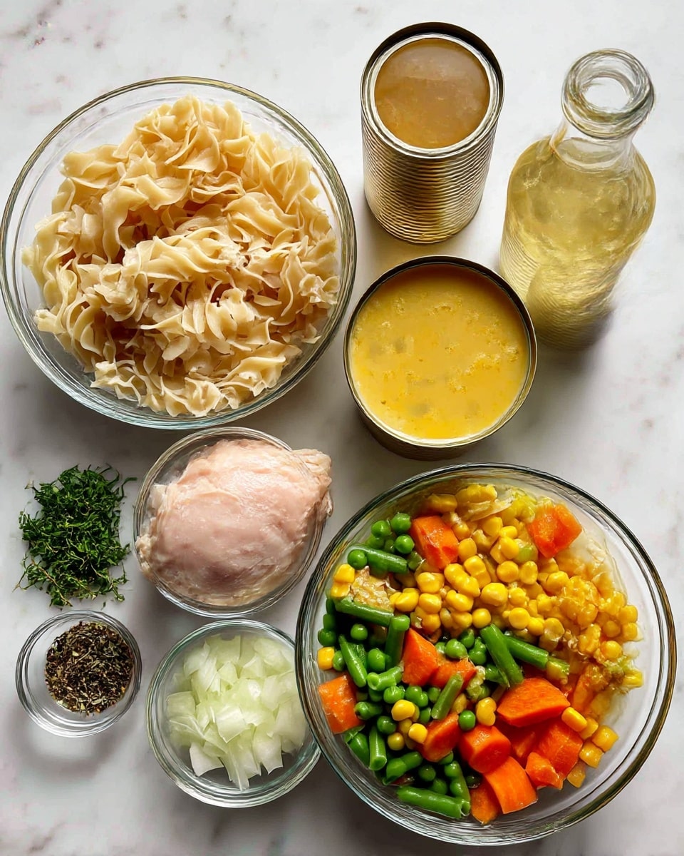 The image shows several clear glass bowls and a small container arranged on a white marbled surface. The top left bowl is filled with pale beige egg noodles, long and rough in texture. To the right, a clear glass bottle contains light golden broth. Next to it, two open cans reveal creamy, smooth, yellow cream of chicken soup. Below the noodles, a large bowl holds a smooth, pale pink chicken piece. To the right, a bowl is full of mixed vegetables with bright green beans, peas, orange carrots, and yellow corn. Below that, a small glass bowl contains chopped white onion pieces. Two small containers at the bottom left hold dried thyme leaves and fresh parsley, both finely textured, and a tiny bowl of black pepper rounds out the ingredients. photo taken with an iphone --ar 4:5 --v 7