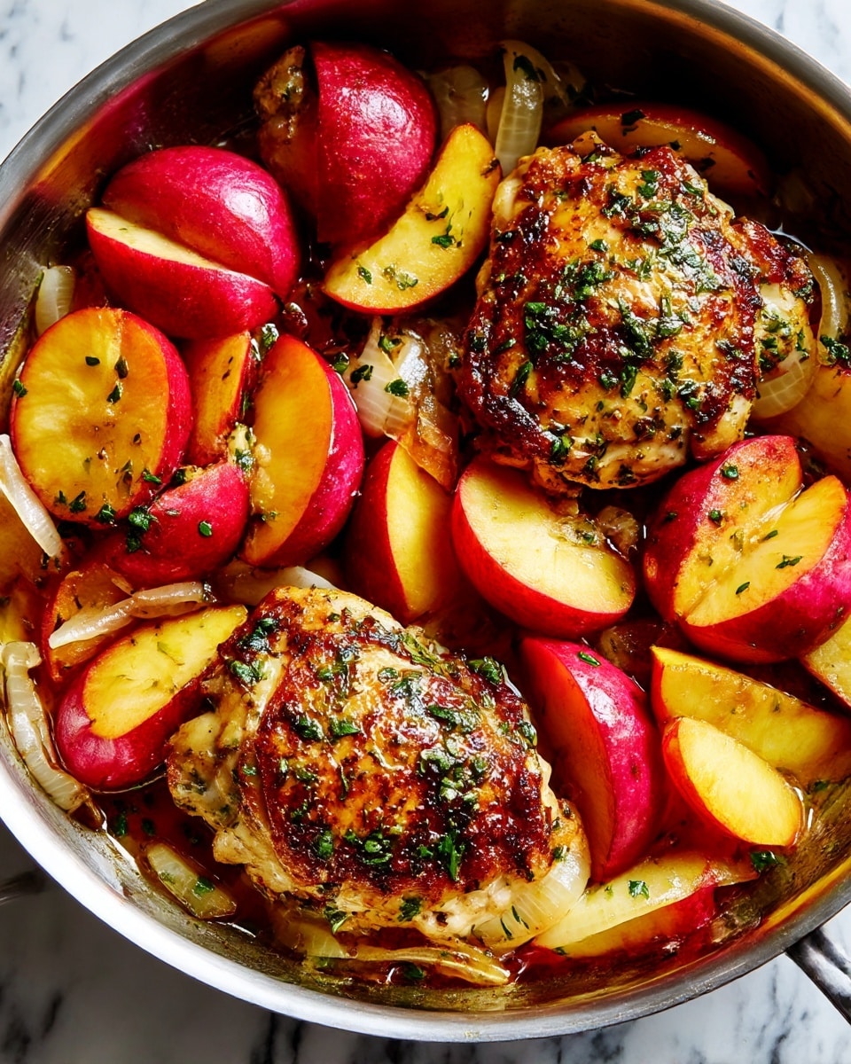 A close-up view shows a pan with two pieces of cooked chicken on the bottom layer, each golden brown on top with bits of green herbs scattered. Surrounding the chicken are several thick slices of red and yellow apples, creating a colorful mix of orange, red, and yellow hues. Thin slices of cooked onions add a light caramel color, layering around and under the chicken and apples. The dish is set in a shiny metal pan standing on a white marbled surface. photo taken with an iphone --ar 4:5 --v 7