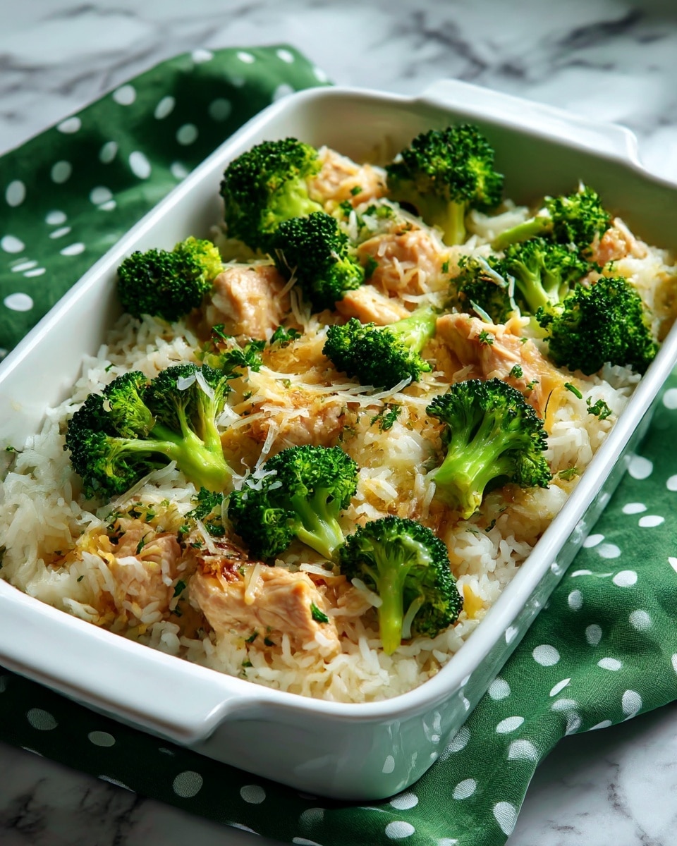 The image shows a close-up of a white rectangular dish filled with a rice dish layered with small pieces of chicken and bright green broccoli florets evenly spread on top. The rice looks soft and slightly glossy, while the chicken pieces are light brown and nestled under the rice and broccoli. There are small grated cheese bits sprinkled lightly over the dish, adding some texture. The dish is placed on a green cloth with white polka dots, all set against a white marbled surface. The lighting highlights the colors and textures clearly, making the dish look fresh and inviting. photo taken with an iphone --ar 4:5 --v 7