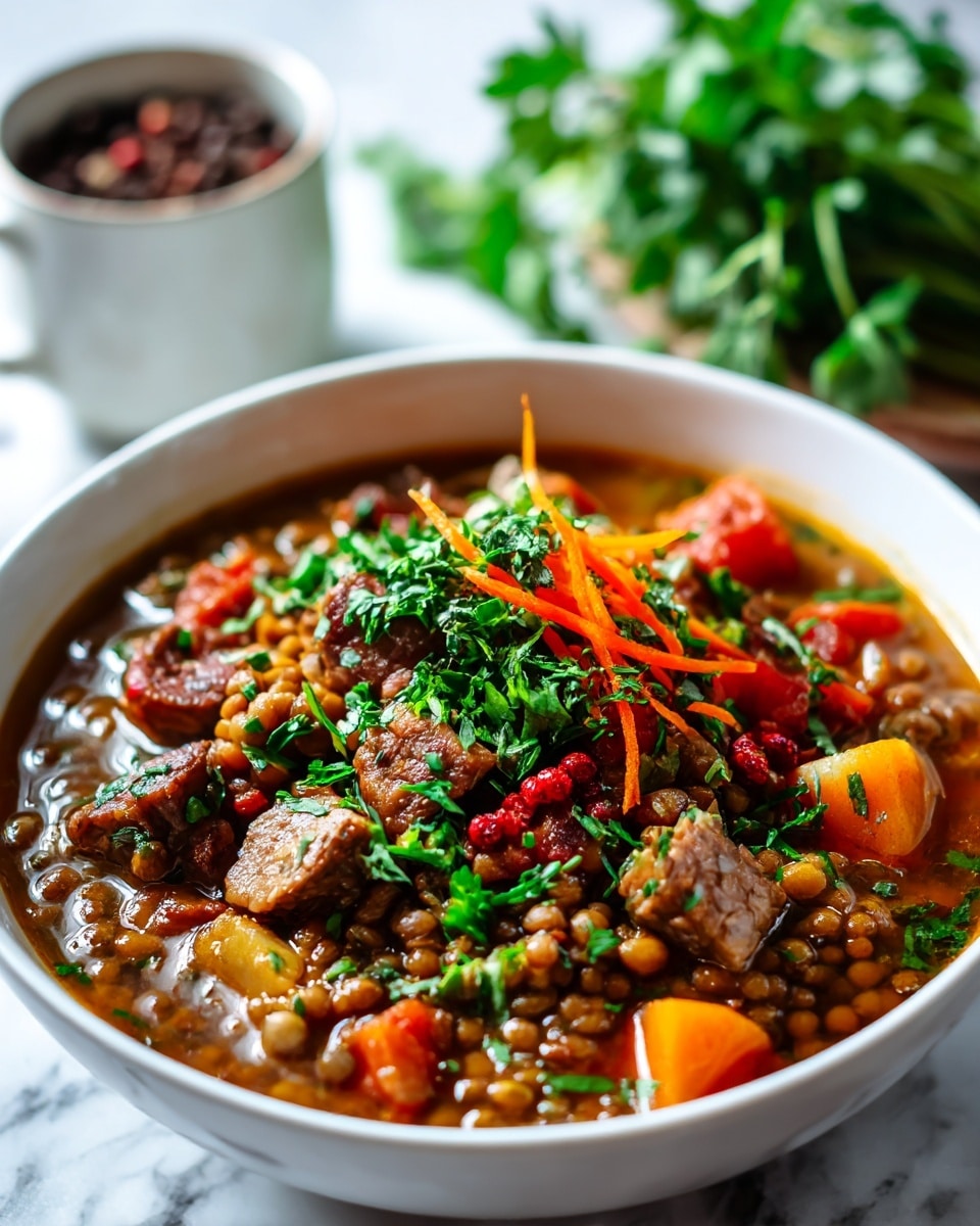 A bowl of lentil stew with visible layers of cooked lentils in brown and orange sauce, mixed with small cubes of light brown meat, and pieces of red tomatoes, topped with finely chopped fresh green herbs and thin orange carrot strips, all served in a white bowl on a white marbled surface. In the background, there is blurred fresh green herbs and a white cup with peppercorns. Photo taken with an iphone --ar 4:5 --v 7