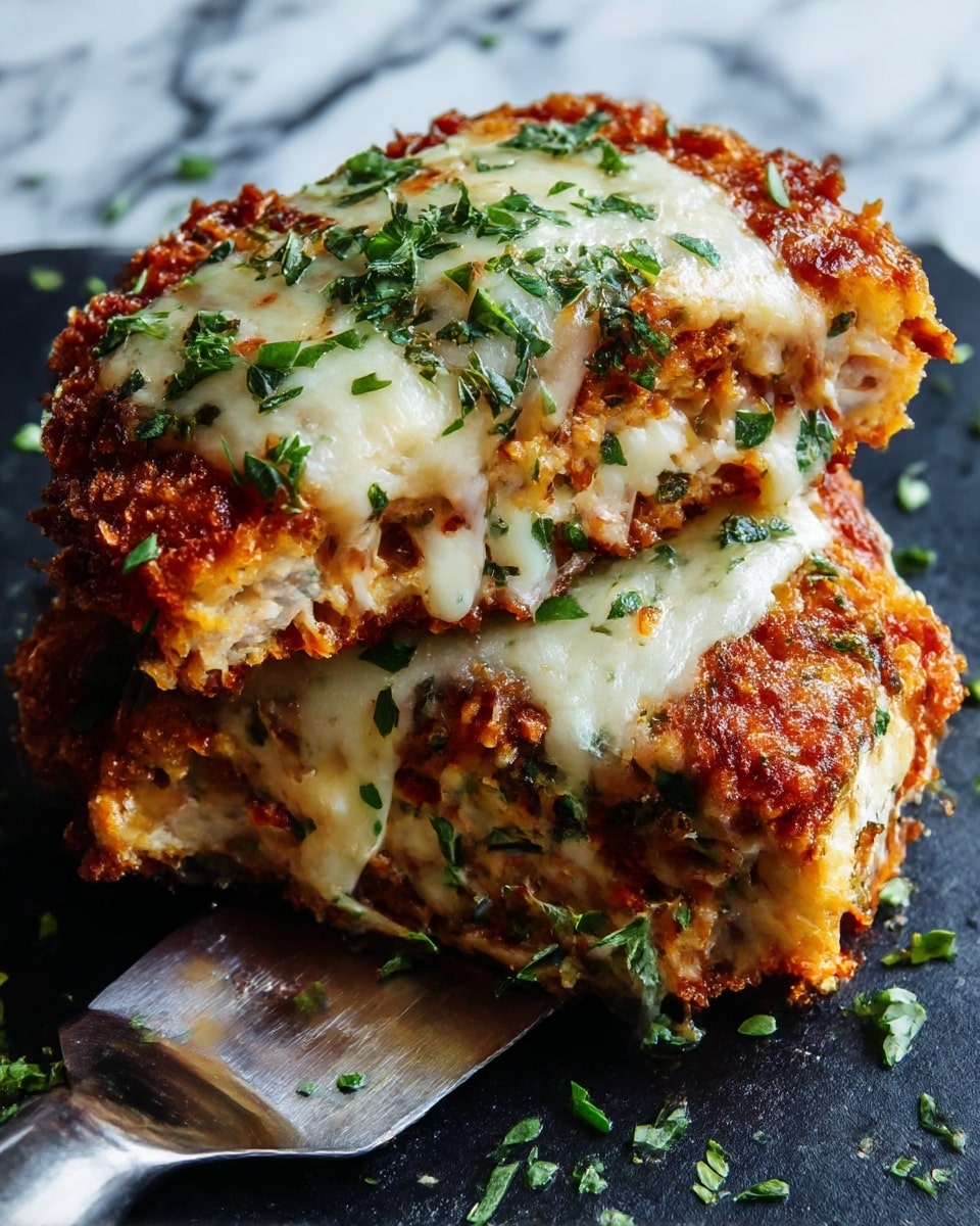 The image shows two golden brown fried chicken pieces on a black grill pan. Each piece has one layer of melted white cheese on top, slightly soft and covering most of the chicken. Bright green chopped parsley is sprinkled over the cheese, adding a pop of color. The rough, crispy texture of the fried chicken contrasts with the smooth, creamy cheese layer. The background is a white marbled texture. Photo taken with an iphone --ar 4:5 --v 7