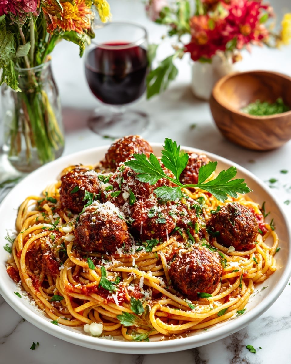 The image shows a round white scalloped dish filled with a rich meal. The bottom layer is a thick, red tomato sauce with visible chunks of tomato, covering the entire base. On top of the sauce, there are many browned meatballs spread evenly around three small nests of pale yellow cooked spaghetti, garnished with a light sprinkle of green herbs. The meatballs are coated in sauce and topped with shredded white cheese and extra green herb pieces. The dish rests on a white marbled surface with a red and white striped cloth draped above it. Beside the dish, there is a small white bowl filled with finely chopped green herbs and a wooden spoon with shredded cheese on it. In the lower corner, a round wooden bowl contains more shredded white cheese. photo taken with an iphone --ar 4:5 --v 7