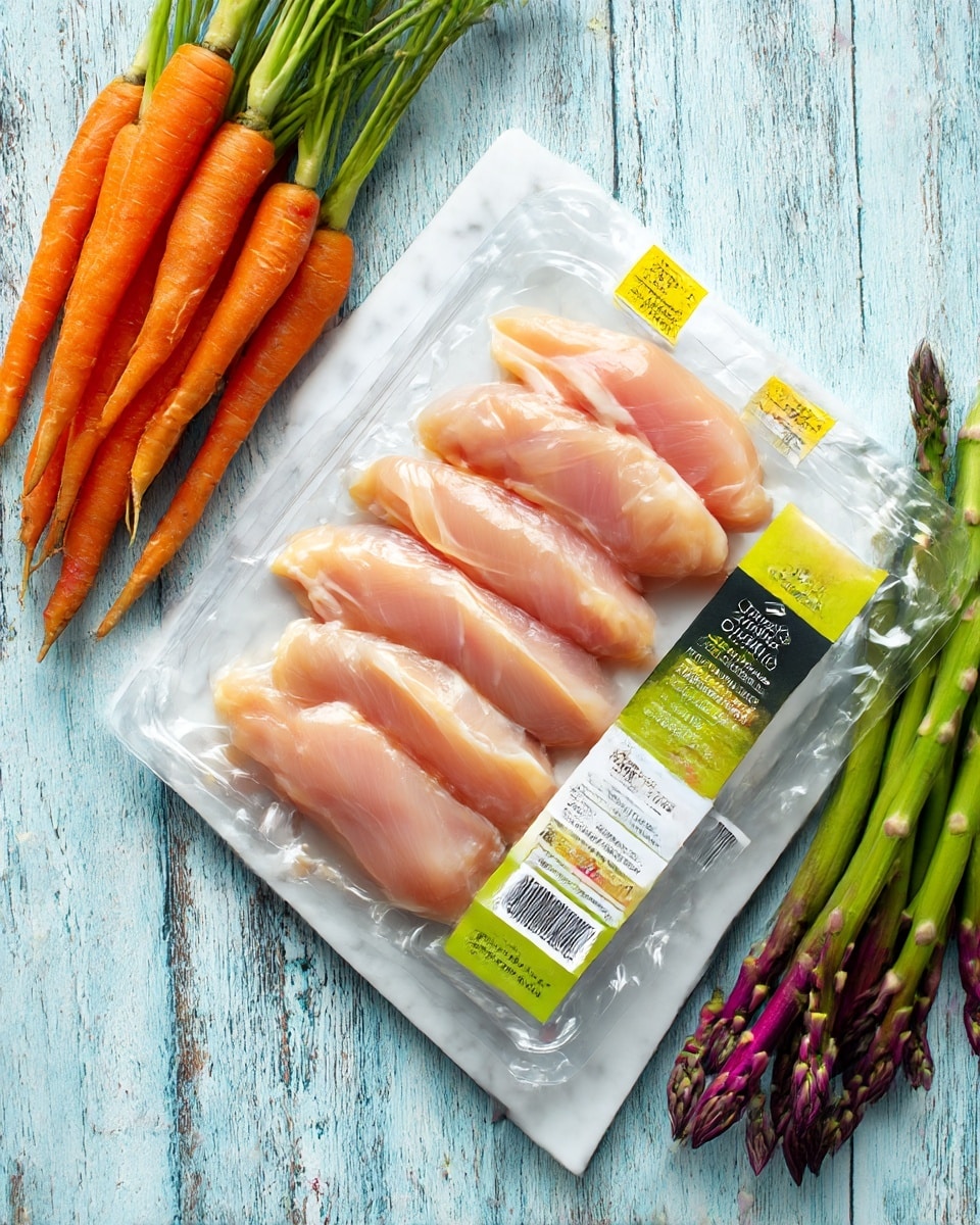 A clear plastic package of thin-sliced chicken breast fillets with a green and white label that reads