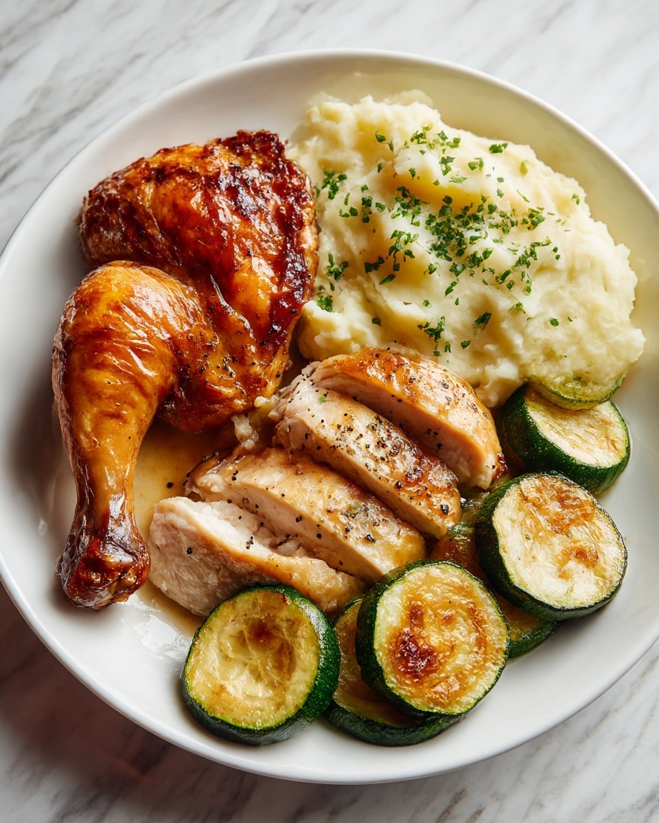 The image shows a white plate with a meal of four main parts. On the left, there is one golden brown roasted chicken drumstick with a shiny, slightly crispy skin. Next to it, towards the front, there are several slices of white roasted chicken with light brown edges and small bits of black pepper on top. Behind the chicken slices, there is a serving of creamy mashed potatoes with small green herb pieces sprinkled over the top. On the right side of the plate, there are round slices of cooked zucchini that are light green with browned spots, showing a slightly soft texture. The plate is set on a white marbled surface. Photo taken with an iphone --ar 4:5 --v 7