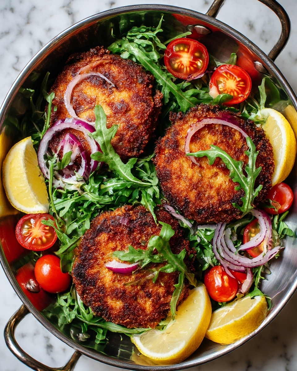 The image shows three golden brown fried patties arranged in a round metal pan. Each patty is topped with a fresh green salad made of arugula, thin slices of red onion, and halved bright red cherry tomatoes. Around the patties, there are fresh lemon wedges adding a pop of yellow color. The texture of the patties is crispy and crunchy, while the salad looks fresh and vibrant. The background is a white marbled surface, enhancing the colors of the food. photo taken with an iphone --ar 4:5 --v 7