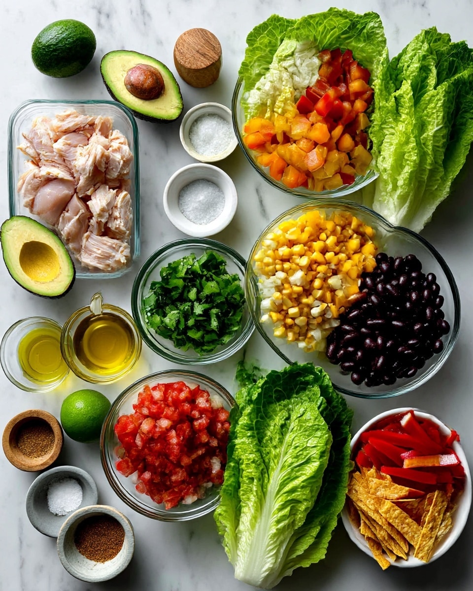 The image shows a recipe setup on a white marbled surface with various ingredients placed neatly. There are two large, fresh green romaine lettuce leaves in the center bottom. Surrounding them are small clear bowls filled with chopped red and green tomato and jalapeno pieces, diced orange and white peppers and onions, bright yellow corn, black beans, and chopped green cilantro. A small white bowl with olive oil and a small wooden bowl with salt sit near the bottom left. A container of raw chicken is on the left side next to a whole green avocado and a halved lime. A small gray bowl with brown seasoning powder is in the middle. On the bottom right, a small white bowl holds tortilla strips with red and beige colors. The setup is clean and colorful, ready for cooking. Photo taken with an iphone --ar 4:5 --v 7