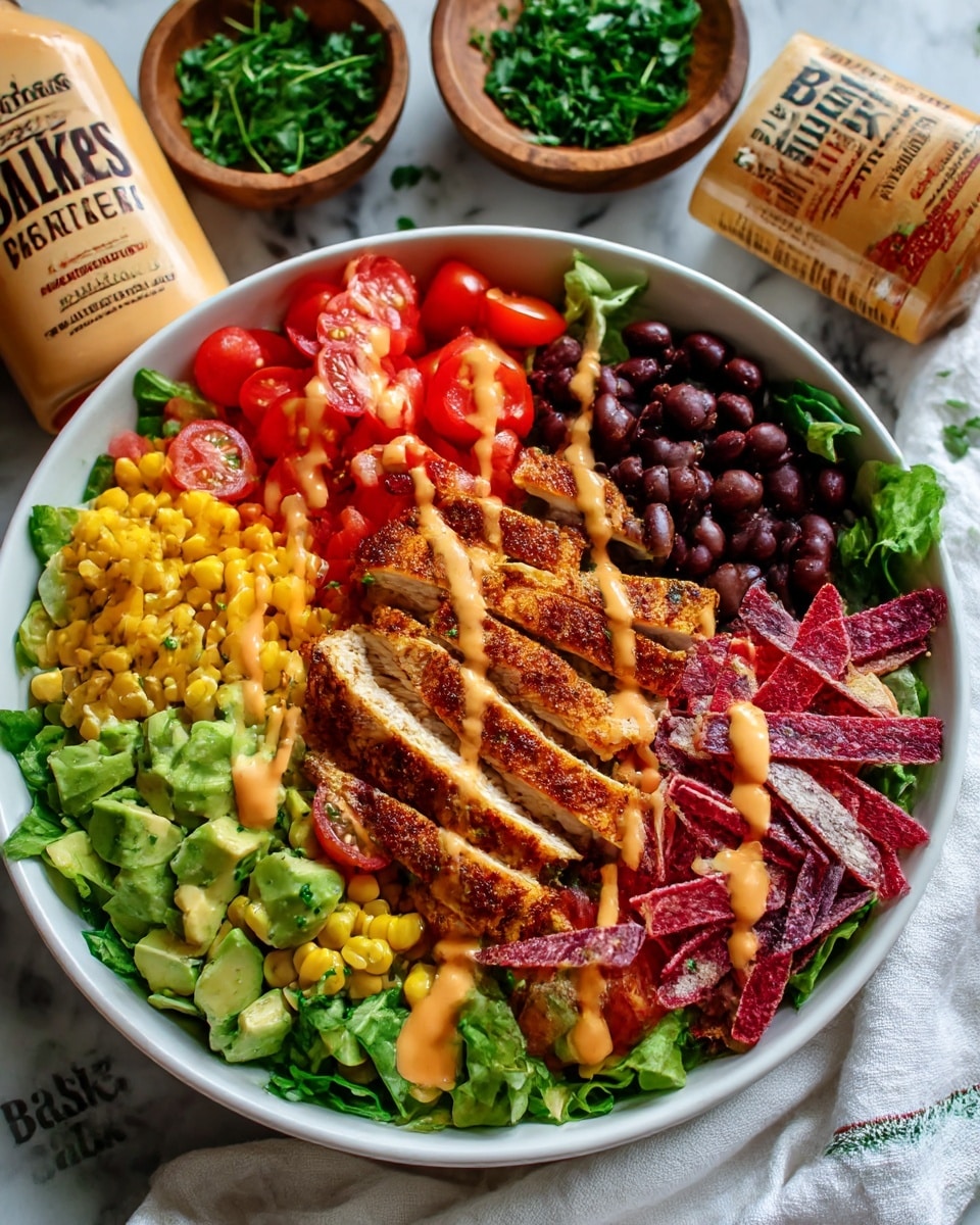 A white bowl filled with a colorful layered salad starting with a base of light green lettuce and chopped avocado at the bottom, topped with a layer of diced bright red tomatoes. Above the tomatoes are dark purple-black beans on one side and golden yellow corn kernels on the other. On top of this sits grilled, sliced chicken pieces with a golden brown crust spread across the center. The salad is sprinkled with strips of red, white, and purple tortilla chips, drizzled with a creamy light orange sauce over the chicken and chips. The bowl is placed on a white marbled surface with a white cloth and a wooden bowl with green herbs in the background. photo taken with an iphone --ar 4:5 --v 7