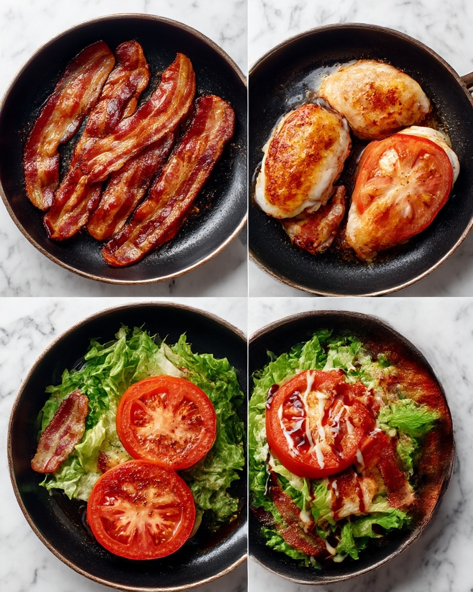 The image shows a four-step cooking process in a black pan placed on a white marbled surface. The first step displays crispy cooked bacon strips, dark reddish-brown with hints of char, lying flat and spaced apart on the pan. The second step shows three raw chicken pieces, pale and slightly moist, placed separately in the pan with a few drops of oil around. The third step reveals the chicken now cooked to a light golden color with slightly browned edges, topped with two thick, bright red tomato slices each. The final step features the cooked chicken topped with layers of fresh green lettuce and several crispy bacon strips, completed with drizzles of white and dark sauces. The pan is black and placed on white marbled surface throughout all steps. Photo taken with an iphone --ar 4:5 --v 7