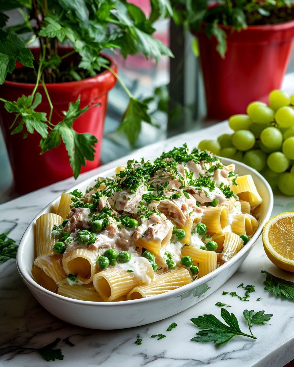 A white oval dish holds three layers: the bottom layer is plain rigatoni pasta in a pale cream color, the middle layer has small green peas scattered throughout, and the top layer is creamy white sauce mixed with small chunks of light-colored cooked chicken. The dish is garnished evenly with chopped bright green herbs scattered on top. The dish sits on a white marbled surface with a red plant pot and green leaves in the background, some green grapes to the right, and a lemon half near the bottom right corner, with a few herb leaves nearby. photo taken with an iphone --ar 4:5 --v 7