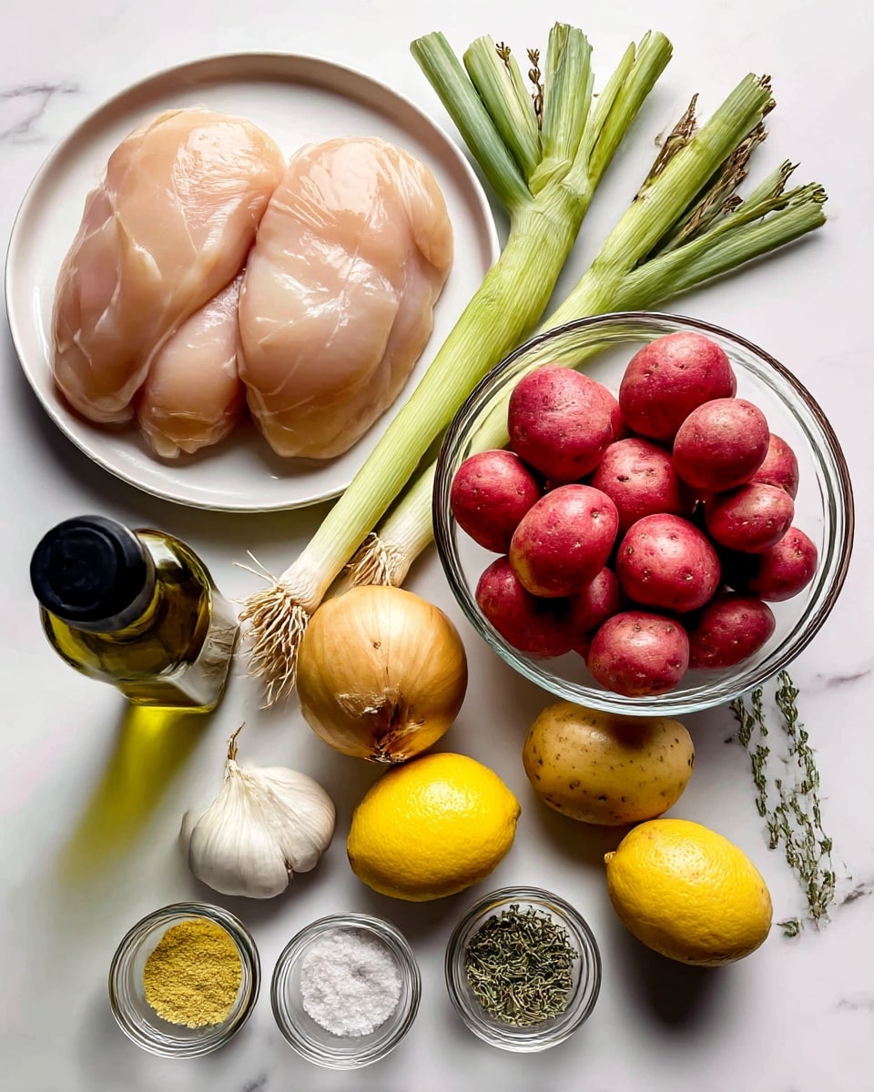 The image shows a collection of cooking ingredients laid out on a white marbled surface. At the center-right, there is a clear glass bowl filled with small red potatoes, which are round and smooth. Above the potatoes, two light green leeks with visible roots lie horizontally. To the top left, two raw chicken breasts rest on a white plate, with a smooth and pale pink texture. Below the chicken, a black bottle of olive oil stands upright. Near the bottle, there are two bright yellow lemons and a whole white onion with a papery texture. A head of garlic with its cloves partially visible lies between the onion and the potatoes. Along the bottom row, there are four small clear glass jars containing kosher salt (white and coarse), ground mustard (yellow and powdery), thyme (greenish and dry), and black pepper (dark and finely ground). Each ingredient is spaced neatly apart for clear visibility, photo taken with an iphone --ar 4:5 --v 7