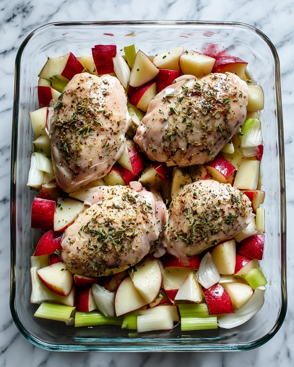 A clear glass baking dish holds three large raw chicken pieces placed in a row on top of a bed of chopped red-skinned potatoes, white onion chunks, and light green leek rings. The chicken is lightly seasoned with black pepper and herbs, showing a shiny, moist surface. The vegetables beneath and around the chicken add a mix of white, green, and red colors with a chunky, natural texture. The dish is set on a white marbled surface. photo taken with an iphone --ar 4:5 --v 7