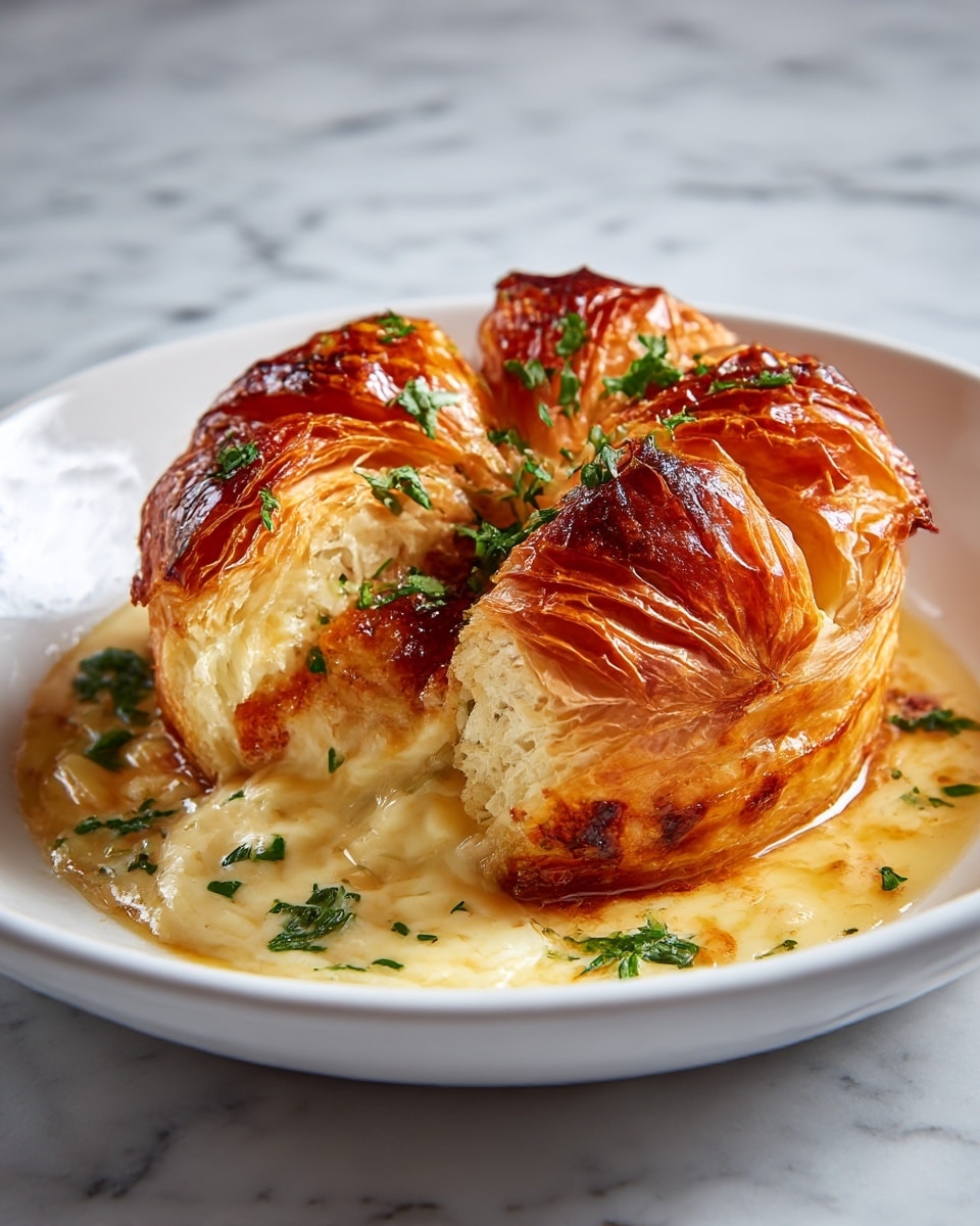 A white bowl filled with layers of golden brown, crispy pastry sheets on top, slightly folded and textured, with fresh green herb sprigs scattered over the pastry. Below the top layer, soft, light yellow filling is just visible, adding a smooth contrast to the crunch of the pastry. The bowl is placed on a soft gray cloth on a white marbled surface, with a silver spoon resting partly under the cloth beside the bowl, and a few green leaves scattered softly around. photo taken with an iphone --ar 4:5 --v 7