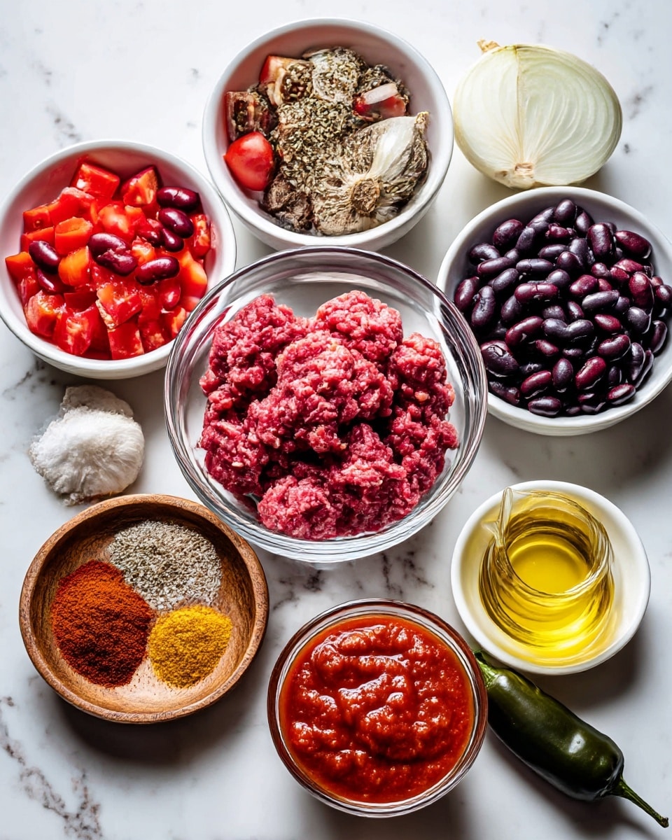 The image shows a white marbled surface with ingredients arranged neatly. At the center is a clear glass bowl filled with red ground beef. Above it, a similar bowl holds shiny black beans, and below, another bowl contains dark red kidney beans. To the top left, there is a white bowl with bright red diced tomatoes. Near it is a white onion, cut in half, showing smooth white layers. To the right, a wooden plate holds a mixture of brown herbs and white salt, with a whole dark green poblano pepper beside it. At the bottom left, a wooden bowl contains reddish chili powder. In the middle is a small white bowl with yellow olive oil. A white garlic bulb lies near the oil. To the bottom right, a white bowl holds thick red tomato sauce. The ingredients are all placed on a white marbled surface. Photo taken with an iphone --ar 4:5 --v 7