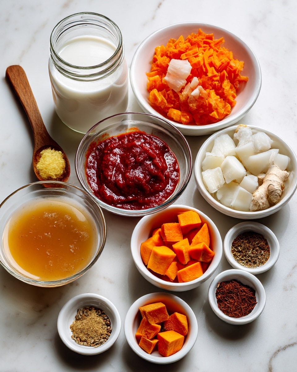 The image shows several small white bowls and a glass jar arranged on a white marbled surface, each filled with different ingredients. At the top center is a glass jar with white coconut milk. To the right is a white bowl filled with bright orange chopped carrots. Below the coconut milk on the left is a white bowl containing deep red tomato paste. Under the tomato paste is a white bowl with light brown broth. In the middle is a glass bowl holding large chunks of white onion. To the right of the onion is a small wooden spoon carrying grated yellow ginger above a small white bowl filled with small round brown spices. Below the broth and tomato paste are two small white bowls, one with minced garlic and the other with vibrant orange sweet potato cubes. Near the bottom right are two more small white bowls containing different brown spices. The bowls and jar are neatly spaced on the light, white marbled background. Photo taken with an iphone --ar 4:5 --v 7