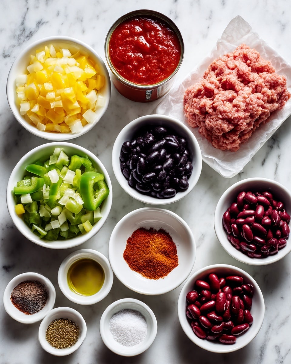 The image shows various ingredients arranged neatly on a white marbled surface, each in small white bowls or containers. There are two small white bowls filled with diced yellow onion and green bell pepper, a white paper tray holding a block of pink ground turkey, a can of bright red tomato sauce, and a small white bowl of dark black beans and another of red kidney beans. Other small white bowls contain different spices such as pepper, paprika, chili powder, cumin, onion powder, and salt, each showing distinct reddish, brownish, or white powder textures. There is a small bowl of minced garlic with pale yellow tones and a small white bowl with olive oil. The layout is clean and organized with clear labels for each ingredient. Photo taken with an iphone --ar 4:5 --v 7