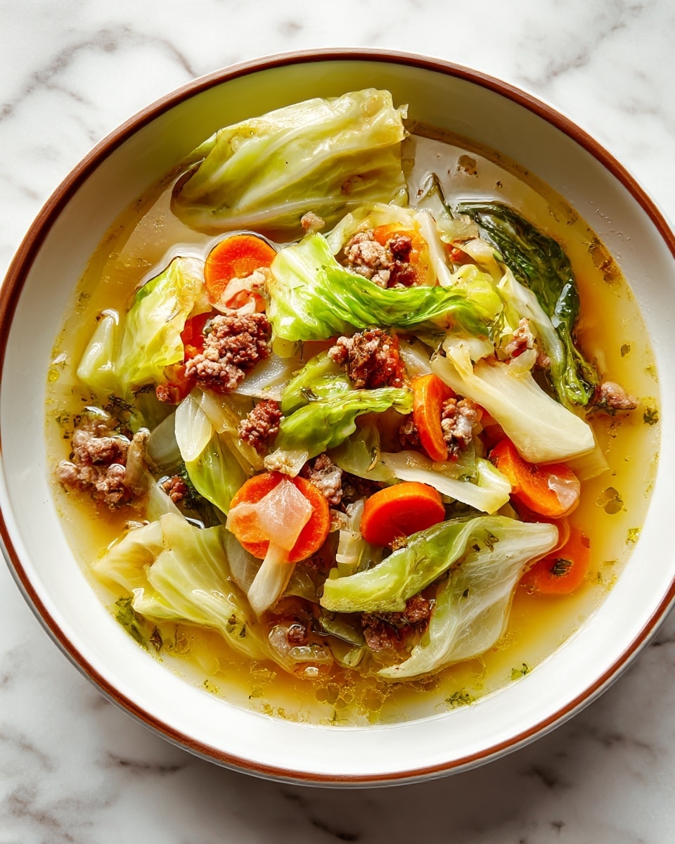 This image shows a large metal pot filled with a light broth soup with several visible layers: chunks of orange carrots, pieces of light green cabbage, small bits of ground meat scattered throughout, and diced green celery mixed in. The broth looks clear with tiny herbs floating around. A wooden spoon is inside the pot on the right side, partially submerged in the soup and stirring the ingredients. The scene is set on a white marbled surface. photo taken with an iphone --ar 4:5 --v 7