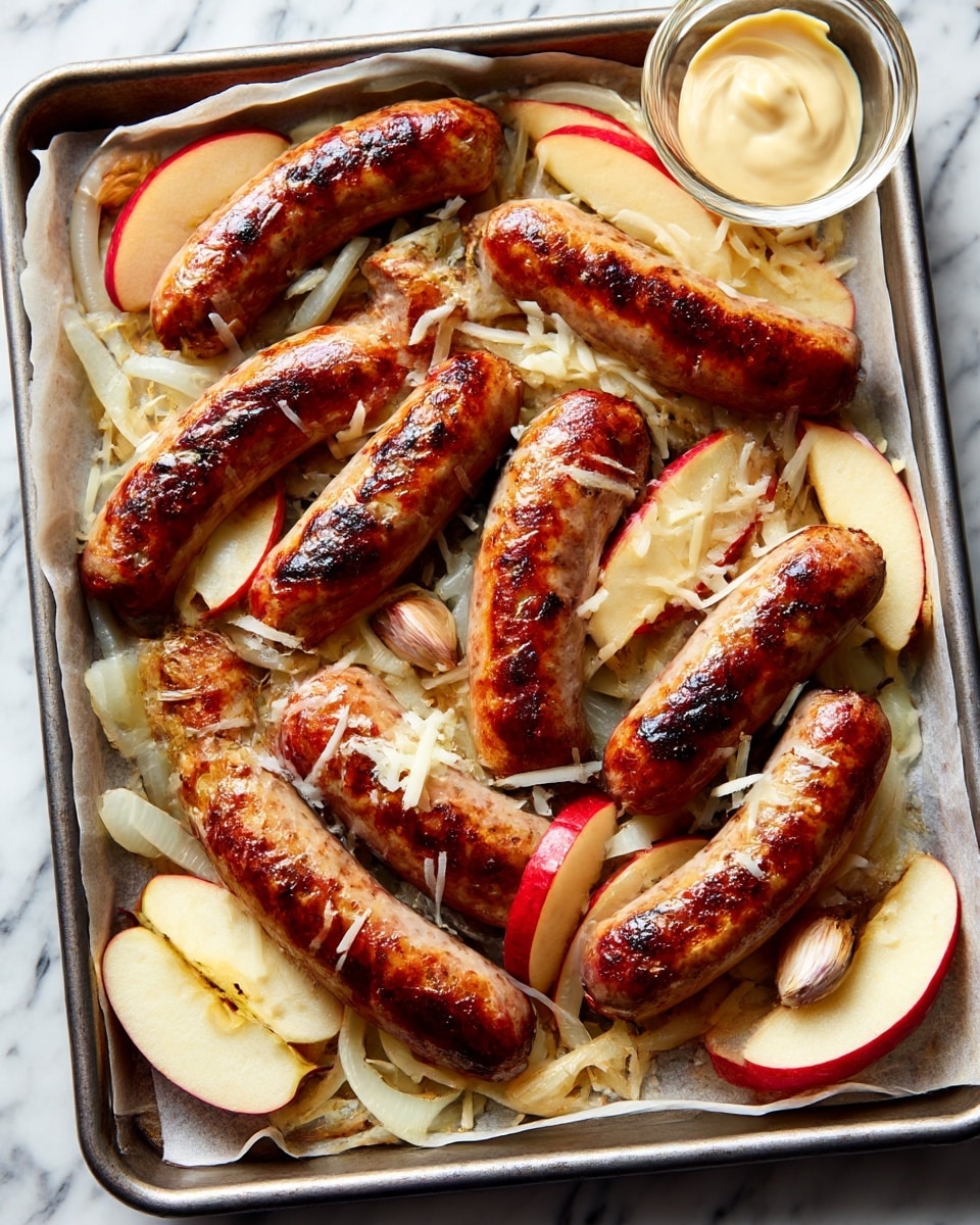 A baking tray lined with parchment paper holds seven grilled sausages with browned char marks arranged loosely over a bed of thinly sliced white onions, apple wedges with red skin, and a few scattered whole garlic cloves. There are small piles of shredded white cheese placed among the sausages and apple slices, adding texture contrast. In the top right corner of the tray, a small clear glass bowl contains pale creamy mustard. The whole scene is set against a white marbled surface. photo taken with an iphone --ar 4:5 --v 7