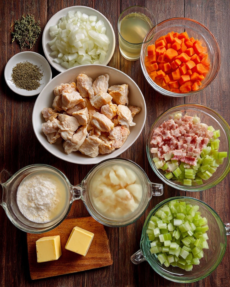 A top-down view of various ingredients for cooking, all set on a brown wooden surface. There is a white bowl in the center filled with light brown cooked chicken pieces. Around it, there is a white bowl with bright orange diced carrots on the top right and another white bowl with light green diced celery on the bottom right. Two clear glass bowls contain pale cream-colored peeled and chopped potatoes and raw chopped bacon with pink and white tones. A small white plate with dried herbs sits near the top left, next to a large clear glass bowl filled with chopped white onions. Below are containers with white flour, minced yellow garlic in a small glass bowl, and three slices of light yellow butter with two bay leaves and a bouillon cube on a small wooden board. There are two clear measuring cups filled with a light beige liquid broth and a creamy white liquid. The surface beneath everything is a brown wood texture, but for the image description, imagine a white marbled background. Photo taken with an iphone --ar 4:5 --v 7