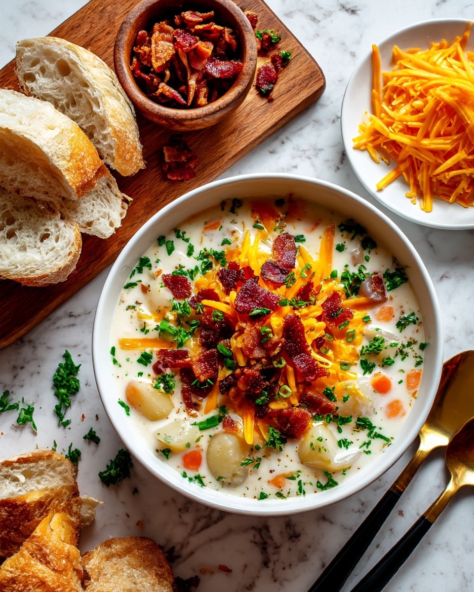 A white bowl filled with creamy soup made of chunky potato pieces in a thick white sauce with small orange carrot bits mixed in. On top, the soup is spread with julienned yellow cheese, small crispy dark red bacon bits, and finely chopped green onions and parsley as garnish. The bowl sits on a white marbled surface with a wooden cutting board holding torn pieces of white bread, a small wooden bowl full of bacon bits, and a white plate with shredded cheese and broken baguette pieces in the corners. Two gold and black spoons rest beside the bowl. Photo taken with an iphone --ar 4:5 --v 7
