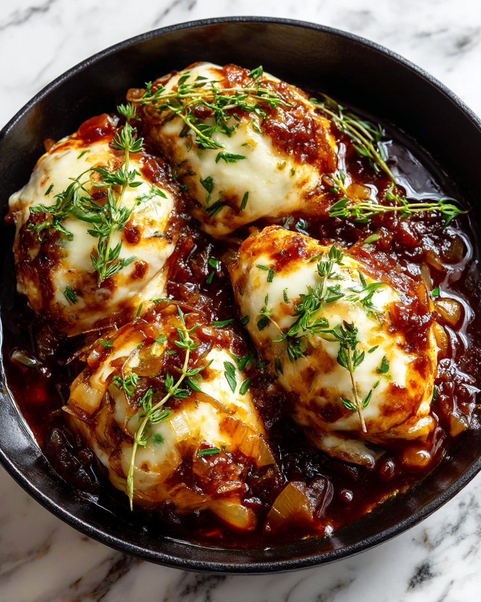 A black cast iron skillet contains three large pieces of cooked chicken topped with melted white cheese that spreads unevenly across the surface. The chicken sits in a thick, dark brown sauce with visible chunks, giving the dish a rich and hearty texture. Fresh green sprigs of thyme are placed on top of the cheese, adding a touch of color and freshness. Surrounding the skillet are some green thyme sprigs scattered on the white marbled surface, with a white plate and wooden cutting board partly visible near the pan. Photo taken with an iphone --ar 4:5 --v 7