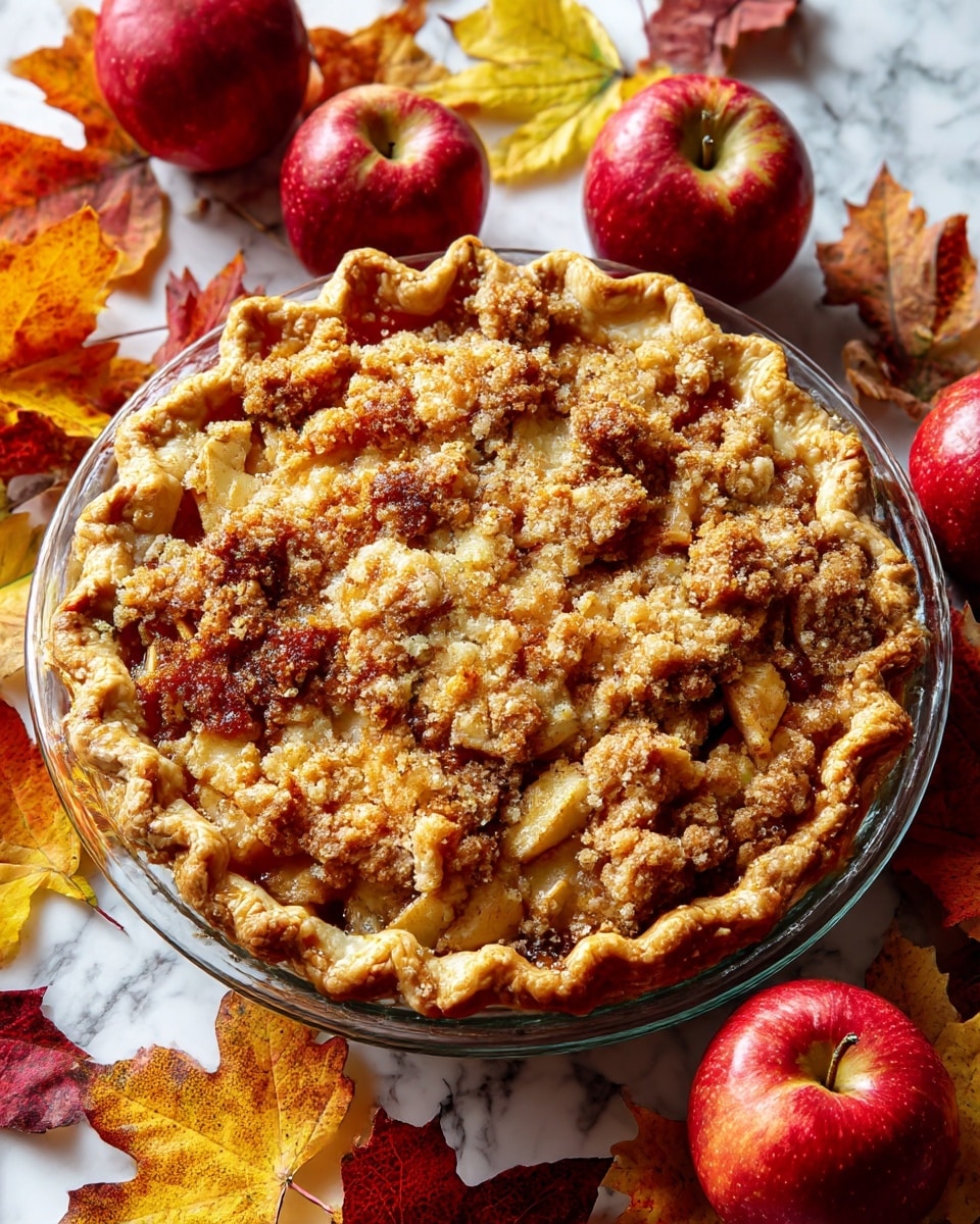 A round apple crumble pie with a crumbly golden brown topping sits on a white marbled surface. The pie has a thick crust edge with a wavy pattern, and a slice is missing from the front, revealing three layers inside: a bottom pale flaky crust, a middle layer of soft sliced apples with a light cinnamon sauce, and the crumbly topping on top that is uneven with small clusters and browned bits. Around the pie are whole red apples and scattered colorful dry autumn leaves in yellow, orange, red, and brown hues, along with two pine cones. The background shows a white kitchen drawer and wooden countertop. photo taken with an iphone --ar 4:5 --v 7
