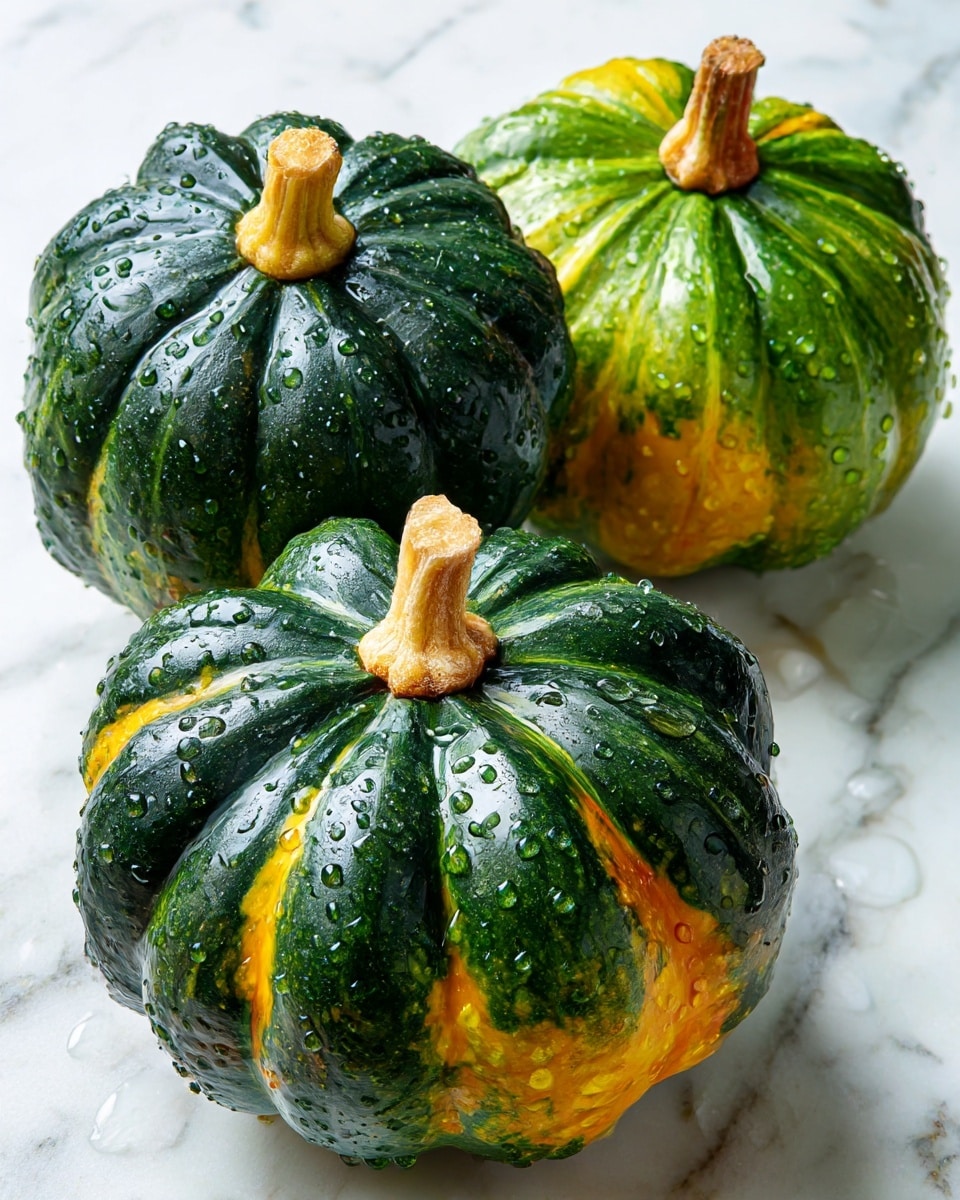 The image shows three green acorn squashes placed on a white marbled surface. Each squash has a dark green color with some yellow-orange patches and slight shine, with water droplets on their surfaces enhancing their fresh look. The squashes have ribbed, rounded bodies with a small beige stem in the center of the top side. They are arranged close together, with two acorns slightly overlapping each other and the third one positioned nearby. photo taken with an iphone --ar 4:5 --v 7