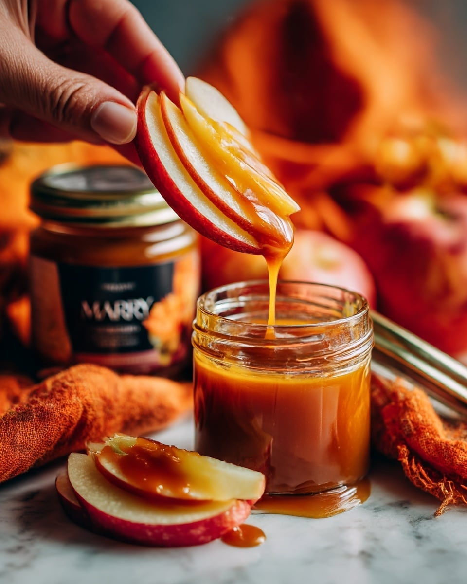 A close-up view shows two apple slices, one held by a woman's hand dipping into thick golden caramel sauce that is pooled on a white marbled surface. Behind the apple slices, there is a clear glass jar filled with caramel sauce, with the black lid placed next to it. Bright orange fabric is slightly blurred in the background, adding a warm tone to the scene. The caramel sauce shines smoothly over the apple slices and the surface below photo taken with an iphone --ar 4:5 --v 7