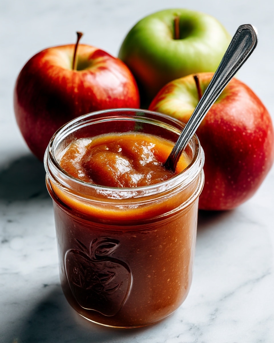 A clear glass jar with an embossed apple design filled almost to the top with thick, brown apple sauce. A silver spoon is placed inside the jar, leaning to the right. In the background, there are three whole apples with red and green skin, slightly out of focus, resting on a white marbled surface. The lighting is bright and soft, highlighting the smooth texture of the apple sauce and the shiny glass jar. photo taken with an iphone --ar 4:5 --v 7