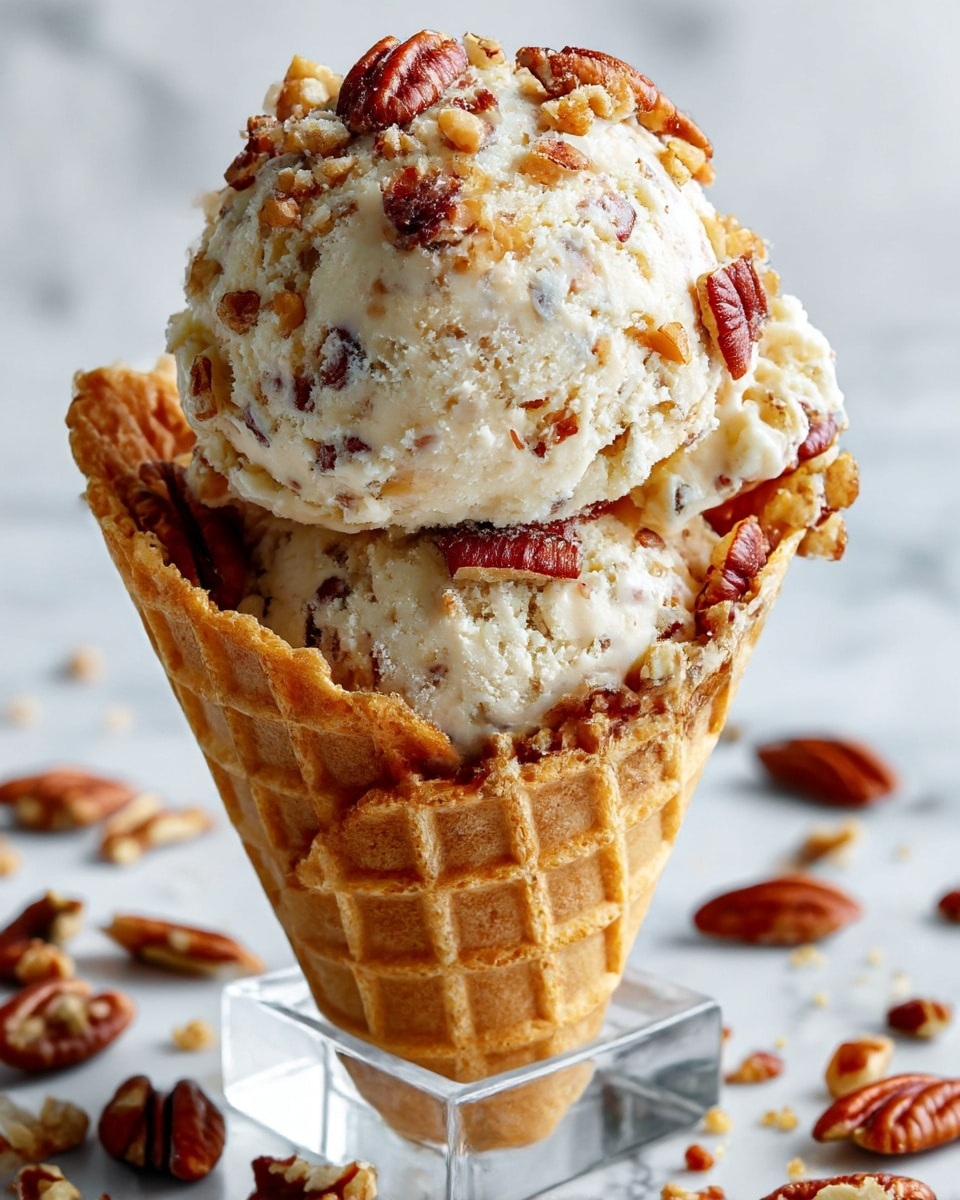 A single scoop of light beige ice cream with small nut pieces mixed in sits atop a crisp waffle cone. The ice cream scoop is topped with whole pecan nuts, and the edges of the waffle cone are also decorated with pecan pieces. The cone is placed upright in a clear square stand, with some scattered pecan nuts and crumbs around it on a white marbled surface. The texture of the ice cream looks creamy with visible nut bits, and the waffle cone has a grid pattern with a golden-brown color. photo taken with an iphone --ar 4:5 --v 7