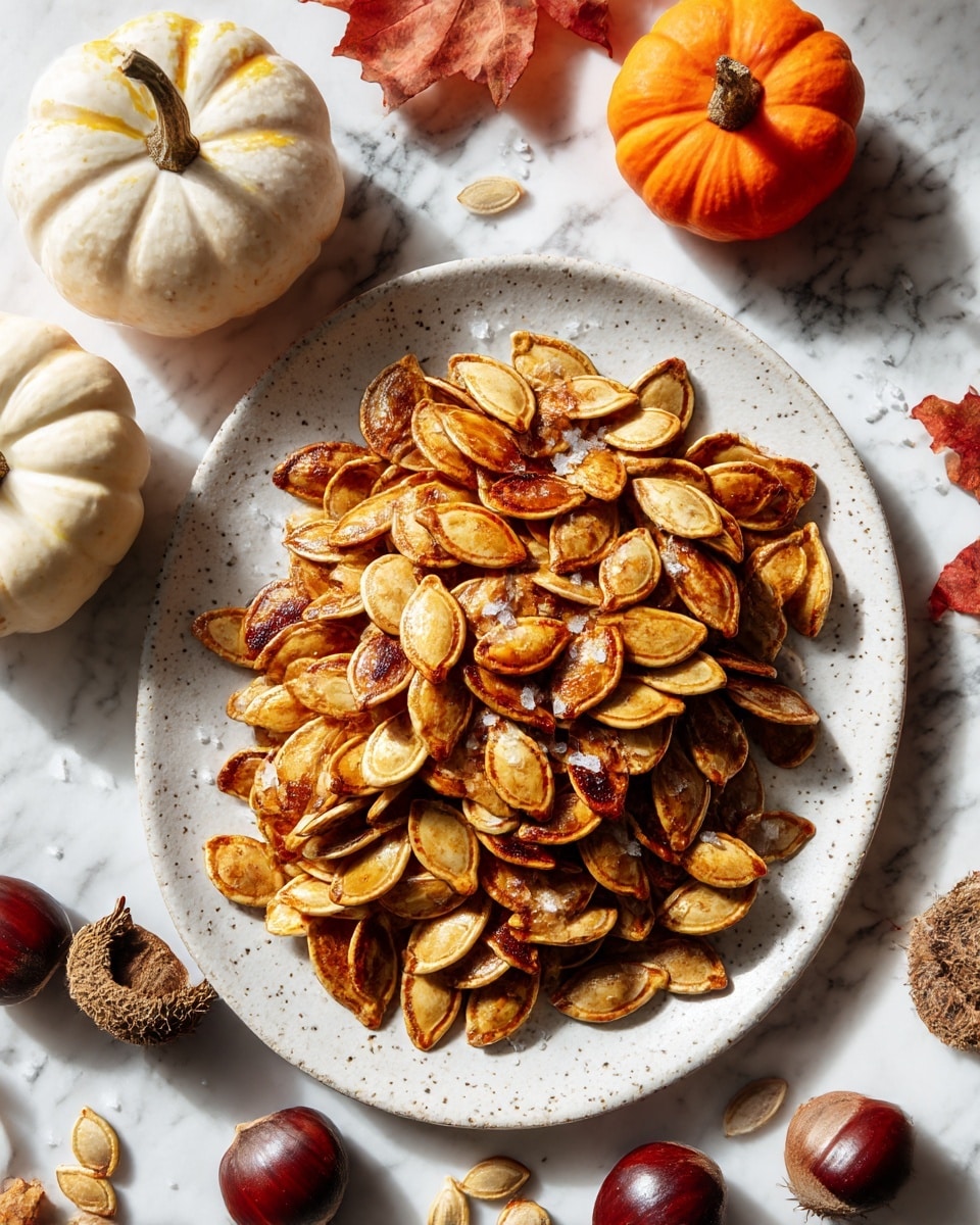A white speckled plate sits on a white marbled surface, filled with one large layer of golden roasted pumpkin seeds that have a slight shine and toasted edges. Surrounding the plate are small decorative pumpkins in orange, white, and green colors, along with a few scattered dark brown chestnuts and loose pumpkin seeds. The setting gives a cozy, autumn feel with soft natural light. Photo taken with an iphone --ar 4:5 --v 7