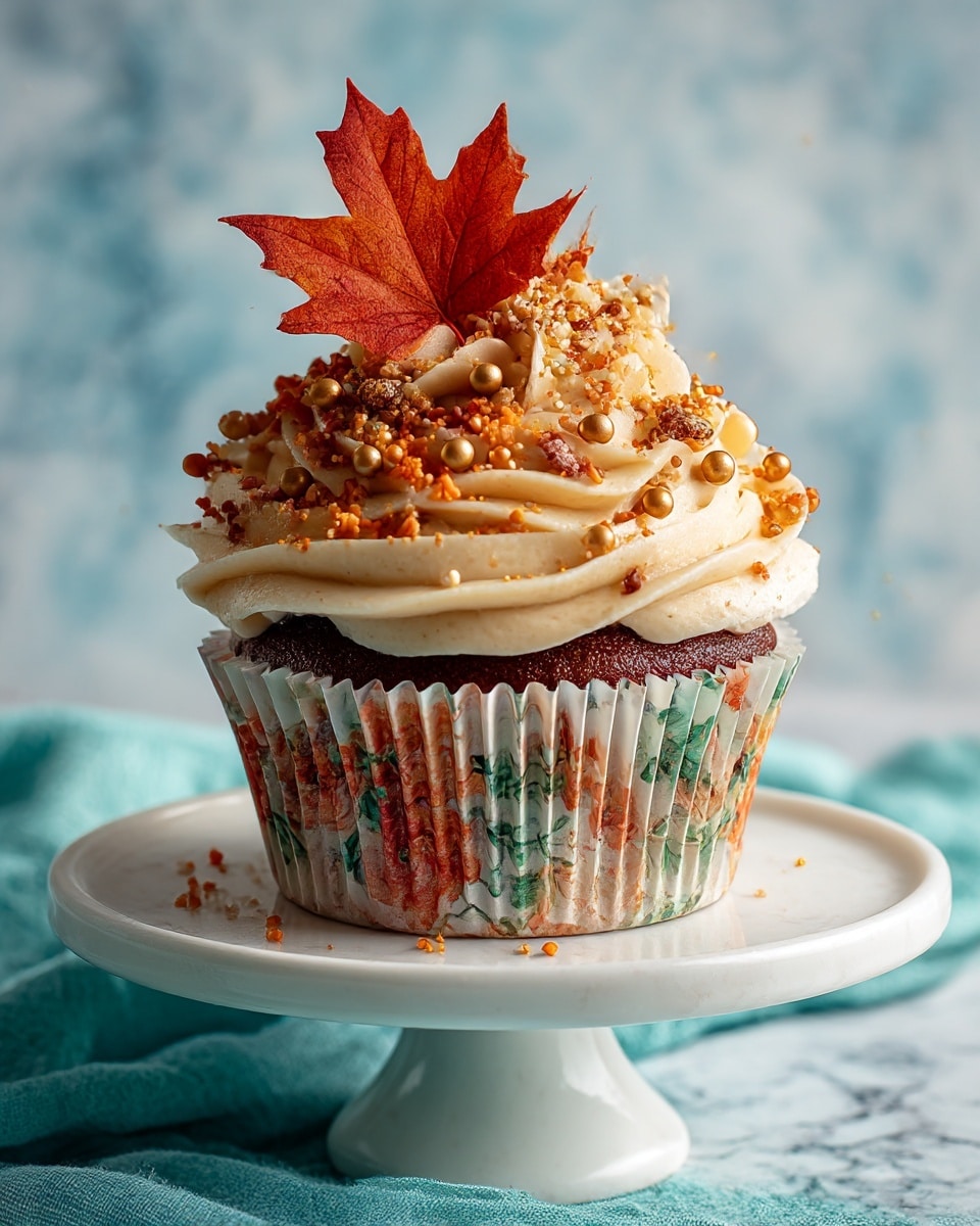 A single cupcake sits on a white pedestal with a smooth round top. The cupcake liner has a floral mix of orange, green, and beige colors. The cupcake itself is brown and topped with many swirls of light beige frosting, arranged in a ring that almost covers the entire top. Scattered on the frosting are small golden balls and tiny orange and brown sprinkles. A decorative orange-red maple leaf is placed in the center on the frosting. The setting has a soft-focus blue and white background, and the surface under the pedestal is a teal textured fabric replaced with a white marbled texture. Photo taken with an iphone --ar 4:5 --v 7