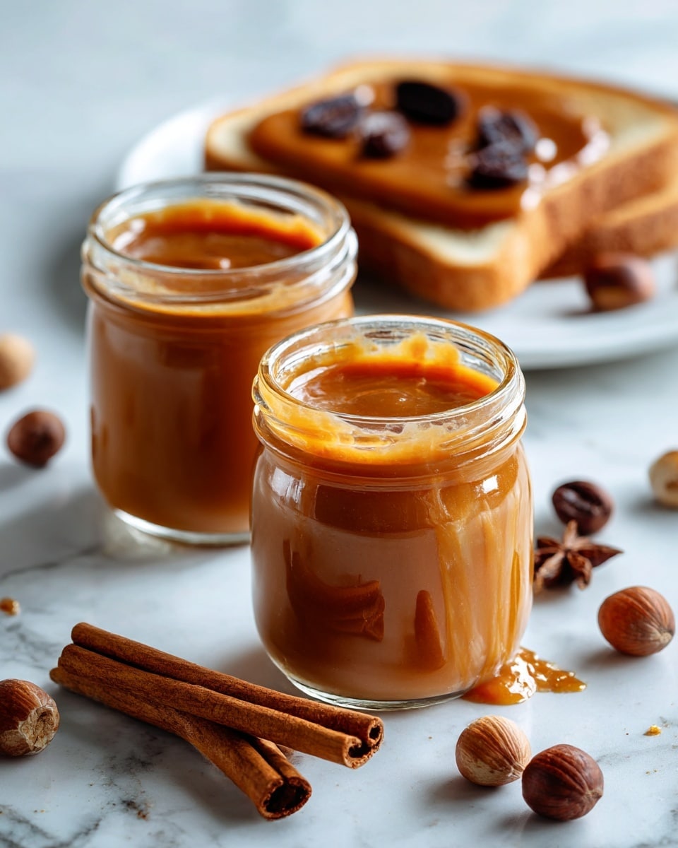The image shows two clear glass jars filled with a thick brown sauce, placed on a white marbled surface. The closest jar is fully in focus, showing the smooth, rich texture of the sauce inside, while the second jar is partially visible behind it. To the right, there is a white plate with a slice of bread covered in the same brown sauce, with some sauce spilled near the bread. In the foreground, two dark brown shiny chestnuts and one chestnut shell with a rough texture lay nearby. Two cinnamon sticks are placed on the surface, adding a warm brown color and rustic feel. The background is softly blurred, keeping attention on the jars and food items. Photo taken with an iphone --ar 4:5 --v 7