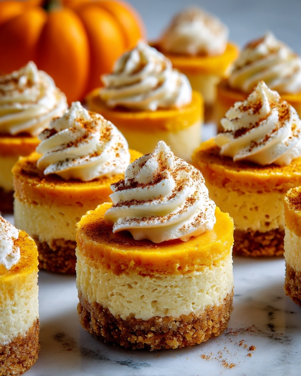 The image shows several small pumpkin cheesecakes arranged on a white marble surface. Each cheesecake has two layers: the bottom crust layer is a light brown, crumbly texture, while the larger top layer is a smooth, vibrant orange pumpkin cheesecake. On top of each mini cheesecake sits a swirl of white whipped cream sprinkled with a light dusting of brown cinnamon or spice powder. The cheesecakes are evenly spaced with a blurred orange pumpkin visible in the background. The lighting is soft and natural, highlighting the creamy texture and warm colors of the pumpkin layer and cream. photo taken with an iphone --ar 4:5 --v 7