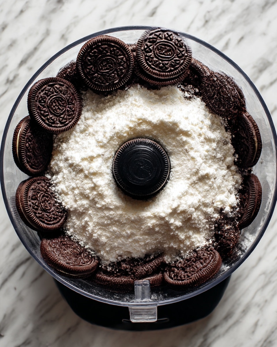 A clear food processor bowl is filled with a layer of dark brown Oreo cookies standing upright around the edges, each showing their detailed embossed pattern. In the middle, there is a mound of fine white powdered sugar piled high, partially covering the black central blade. The food processor base is black and placed on a white marbled surface. photo taken with an iphone --ar 4:5 --v 7