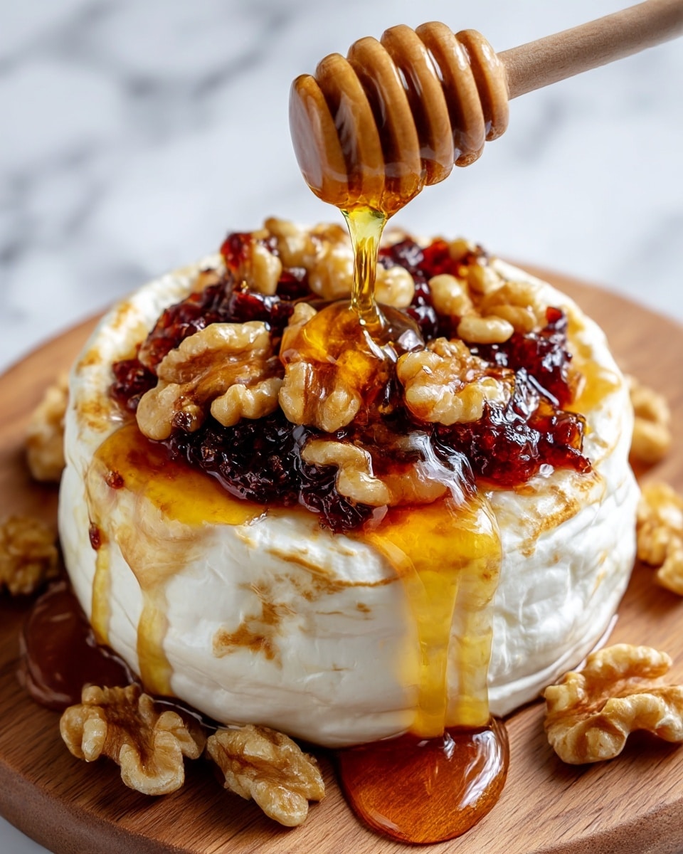 A round cheese wheel with a white rind sits at the center, topped with a mix of whole walnuts and small dark dried fruits like raisins or cranberries, with green herb sprigs scattered on top. Golden honey is being drizzled from a wooden honey dipper onto the cheese, dripping down the sides. The cheese is placed on a white marbled surface with additional walnuts and some green rosemary sprigs arranged around it. The background is softly blurred with warm golden tones. photo taken with an iphone --ar 4:5 --v 7