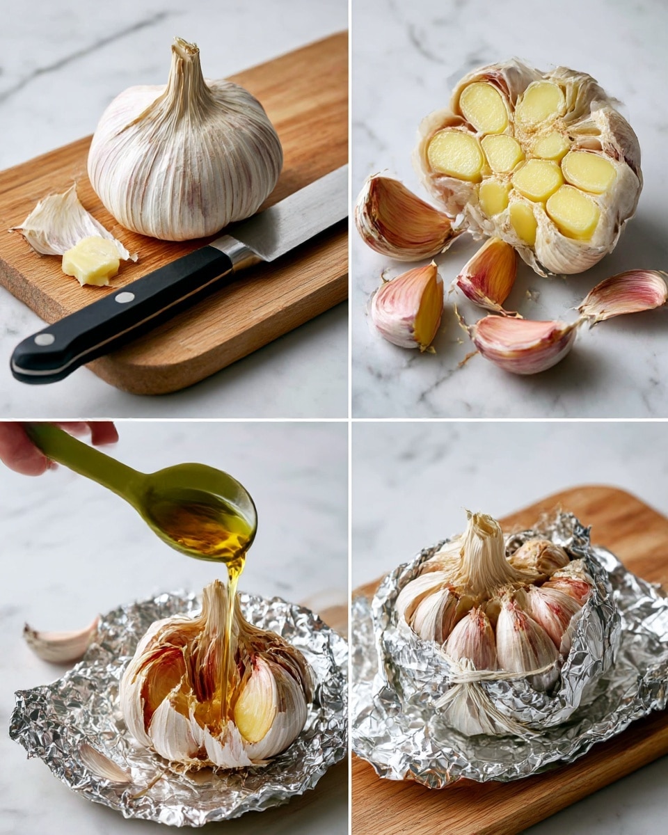 The image shows four steps of preparing garlic for roasting, all on a white marbled surface. In the first step, a whole garlic bulb sits on a wooden board with a black and silver knife behind it. The second step shows the garlic bulb cut at the top, revealing the creamy yellow cloves inside, with a few papery skins removed nearby. The third step displays a green measuring spoon pouring oil onto the exposed garlic cloves, placed on a sheet of shiny silver foil. The last step features the garlic bulb wrapped tightly in the foil, twisted at the top to seal it, all resting on the same wooden board. Photo taken with an iphone --ar 4:5 --v 7