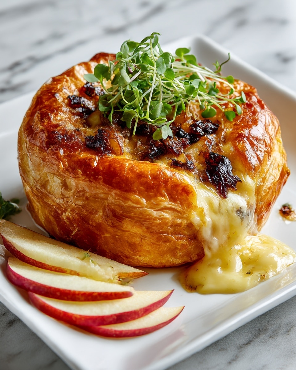 A round golden-brown pastry with a shiny, smooth crust sits on a white rectangular plate placed on a white marbled surface. The pastry has a small opening on top revealing dark caramelized onions inside. Melted creamy light yellow cheese oozes out from the side of the pastry, flowing onto the plate. On top of the pastry, there is a small bunch of fresh green microgreens adding a touch of color. Some thin sliced red and cream apple wedges are arranged neatly near the cheese spill at the bottom edge of the plate. photo taken with an iphone --ar 4:5 --v 7