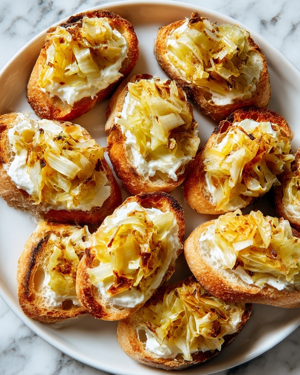 The image shows several small toasted bread slices arranged on a large white plate with a white marbled texture surface underneath. Each bread slice has two visible layers: the first is a smooth, creamy white spread, and the second layer on top is a chunky yellowish topping, likely cooked onions, sitting in a loose pile with a soft texture. The toasted bread has a light brown color with some darker edges, showing a crispy texture. The plate is mostly filled with these slices, grouped closely together. Photo taken with an iphone --ar 4:5 --v 7