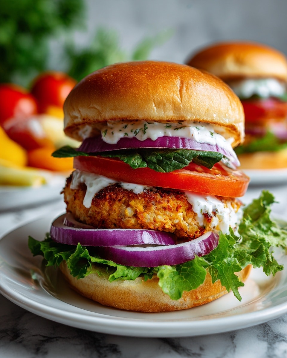 A white bun sits open with the bottom half showing first, topped with a fresh layer of green arugula leaves. Above the greens is a thick, golden-brown salmon patty that has a slightly crispy texture with visible herbs and small black pepper bits baked into it. On top of the salmon patty is a generous drizzle of white dill sauce with small green herb flecks, adding a creamy texture. A few sprigs of fresh dill rest on the sauce for garnish. The top half of the bun is placed next to the bottom half on a white marbled surface, with some fresh dill scattered nearby. A small white bowl with more sauce is partly visible in the upper left corner. photo taken with an iphone --ar 4:5 --v 7