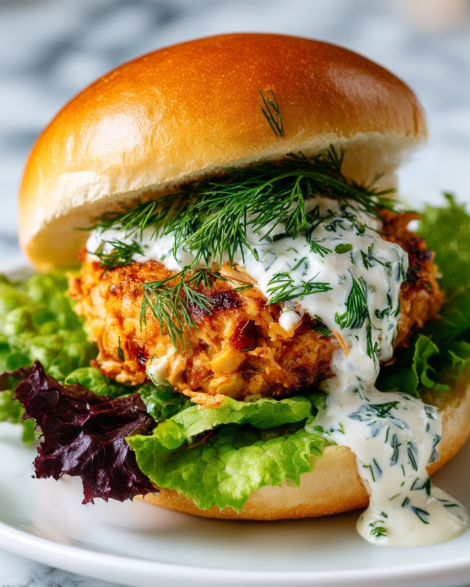 The image shows two salmon burgers on white plates set on a white marbled surface. Each burger has four clear layers: the bottom sesame bun, a layer of green lettuce, a thick, grilled salmon fillet with visible grill marks and bright orange color, topped with slices of red tomato and a light avocado mayo sauce, and finished with a glossy toasted sesame seed top bun. The first burger is close to the camera, showing a close-up of the salmon, sauce dripping, and fresh cilantro on the sauce. The second burger is slightly blurred in the background, adding depth to the image. The setting is bright with a blurred kitchen background. photo taken with an iphone --ar 4:5 --v 7