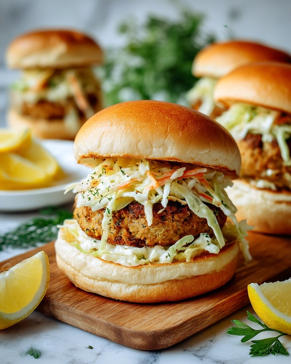 A close-up view of a sandwich stacked with three main layers: the bottom is a light brown soft bun, the middle is a thick, light beige patty with a slightly rough texture, and the top layer is creamy coleslaw made of thin white and orange shredded vegetables mixed with some specks of black pepper, all held together by a smooth, golden-brown top bun. The sandwich rests on a wooden board with blurred parts of similar sandwiches in the background, set against a white marbled surface with some green herbs and a small white plate containing lemon wedges on the side. photo taken with an iphone --ar 4:5 --v 7
