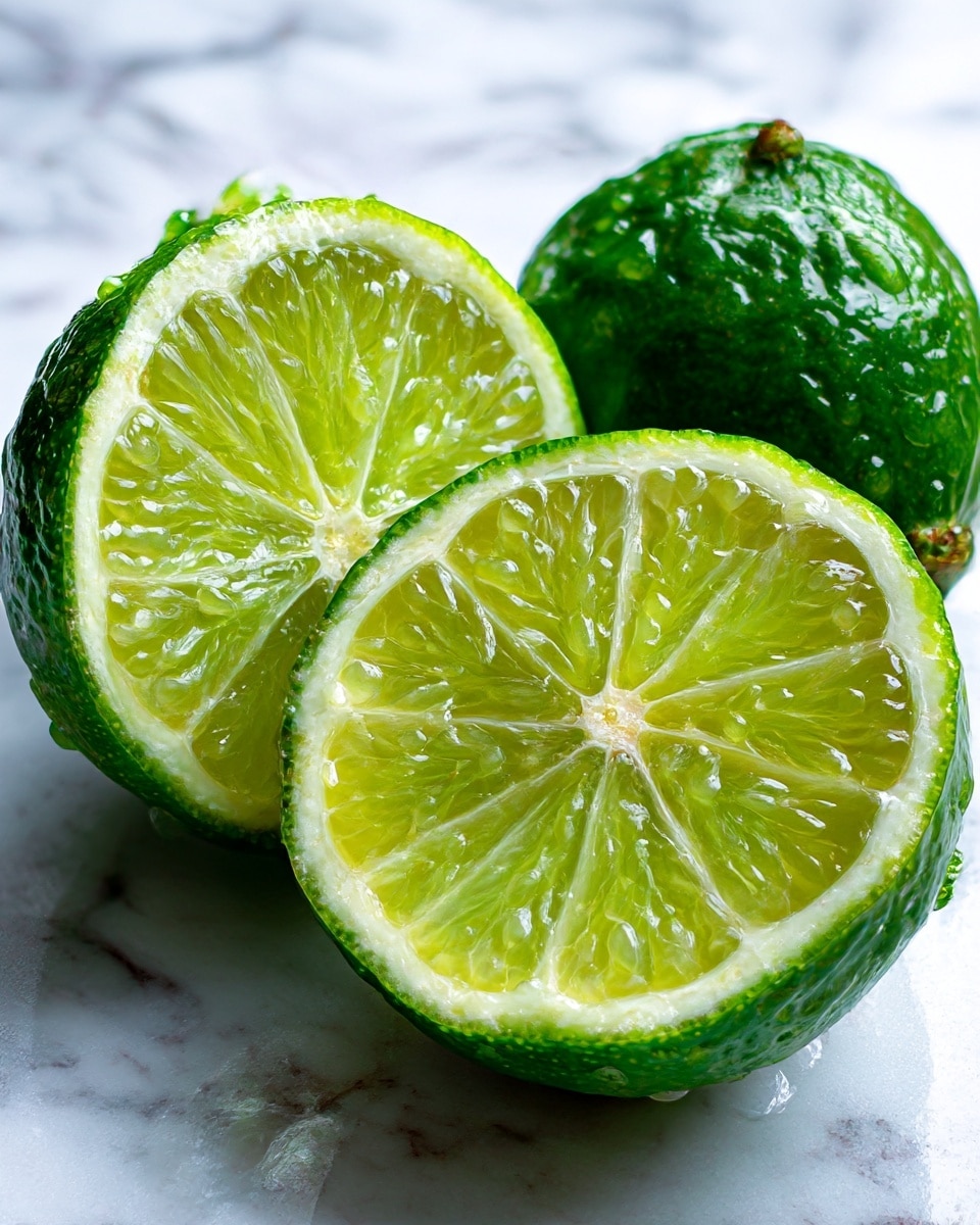 The image shows two halves of a lime placed side by side on a white marbled surface. Each half reveals a detailed, wet texture with bright green flesh and tiny juice sacs, forming a thin, circular pattern inside the lime. The rind is darker green with a slightly rough and bumpy texture, encasing the lighter, moist interior. The lime halves are fresh and juicy, with a natural shiny glow reflecting light. The background is softly blurred, highlighting the vibrant color and texture of the lime pieces. Photo taken with an iphone --ar 4:5 --v 7