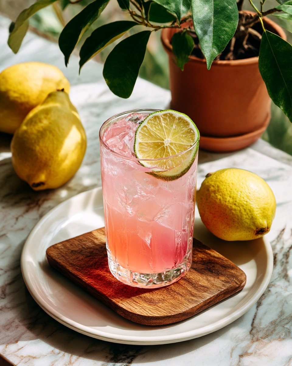The image shows a close-up of a pale pink guava coconut margarita being poured from a clear glass pitcher into a clear glass filled with ice. The glass has a frosted sugar rim and sits on a white marbled surface. The margarita liquid is smooth and slightly thick, filling about halfway up the glass. To the left of the glass, there is a soft pink flower placed on the surface, and to the right, a wedge of lime rests on the marble. In the background, there is a blurred wooden object and a white bowl stacked over another white bowl, all set against a neutral, soft-focus background. Photo taken with an iphone --ar 4:5 --v 7