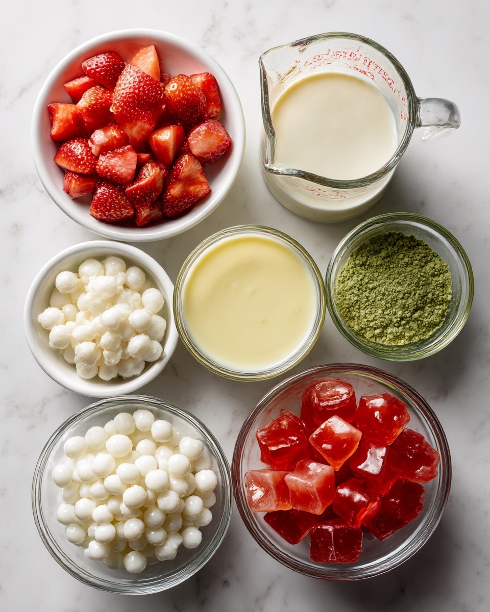 A top-down view of eight small white bowls and glass measuring cups arranged neatly on a white marbled surface, each holding different dessert ingredients. The first bowl on the top left holds bright red chopped fresh strawberries with a juicy texture. Next to it is a glass measuring cup filled with light beige evaporated milk, smooth and creamy. Beside that is a small bowl with pale yellow condensed milk that looks thick and silky. To its right is a small bowl with fine, bright green matcha powder. The top right corner has a glass measuring cup filled with regular white milk that looks fresh and smooth. On the bottom row from left to right, there is a bowl filled with small white round sago pearls, a bowl with translucent white cubes of strawberry nata de coco, and lastly, a bowl filled with shiny, red strawberry jelly hearts. The overall look is colorful and tidy with a clean white marbled surface. Photo taken with an iphone --ar 4:5 --v 7