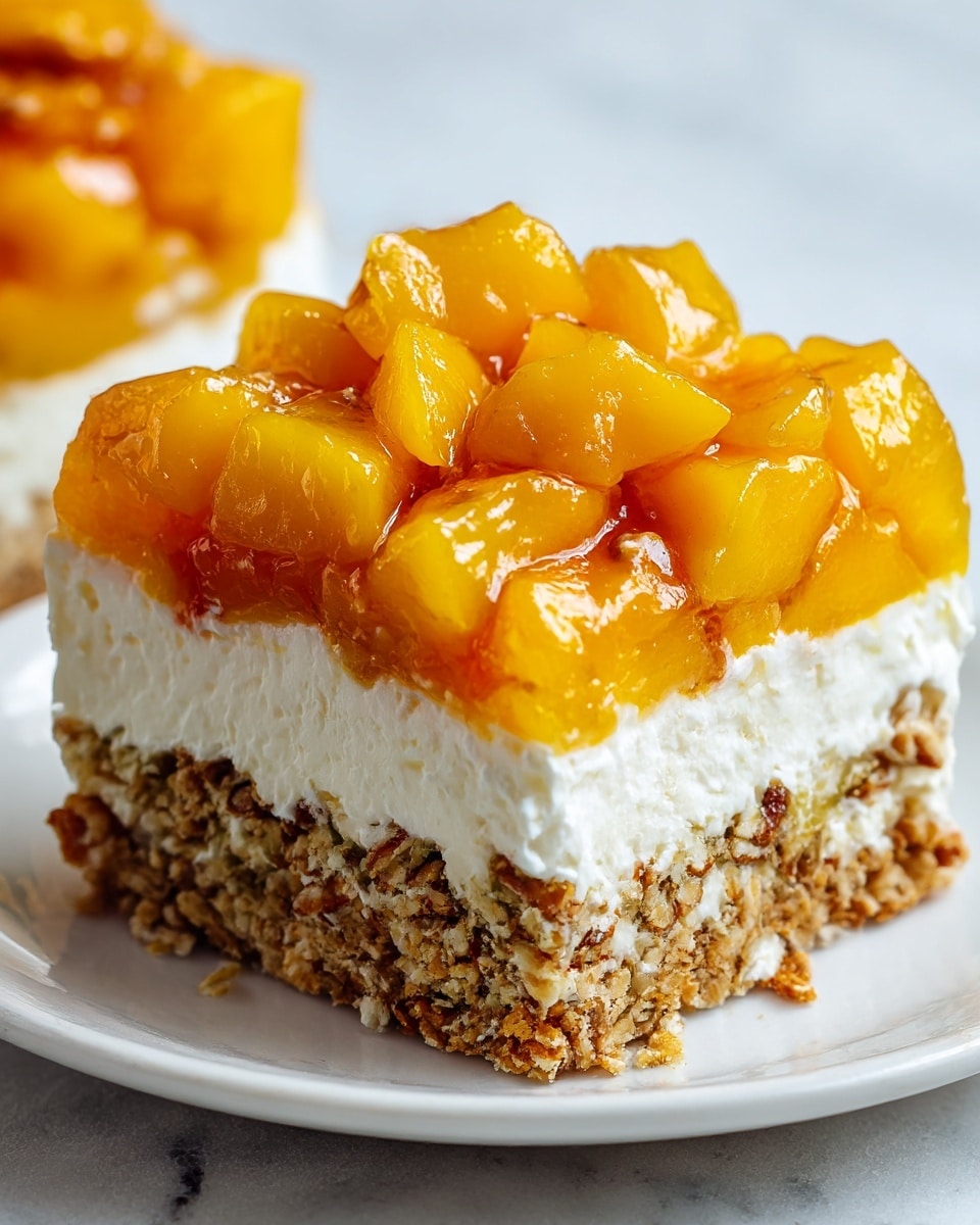 A close-up view of a square slice of peach pretzel salad on a white plate placed on a white marbled surface. The dessert has three clear layers: the bottom layer is a crunchy pretzel crust with visible pretzel pieces, light brown and textured; the middle layer is a thick, creamy white cheese or cream layer that is smooth and soft; the top layer is a bright orange gelatin layer with large chunks of yellow peach embedded inside, shiny and translucent. The background is blurred with soft white tones and some whole pretzels scattered around. photo taken with an iphone --ar 4:5 --v 7