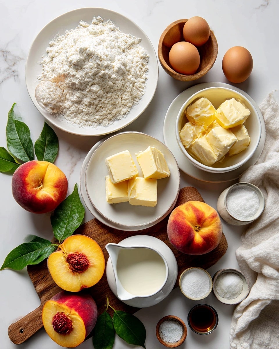 The image shows a flat lay of baking ingredients arranged neatly on a white marbled surface. There is a large white plate filled with flour on the top left, next to three brown eggs and a small wooden bowl with baking powder. Below, a white plate holds square pats of butter, and to the right is a small white pitcher with cream or milk. A large white bowl containing sugar is near the bottom left. Scattered around are several whole and halved peaches with bright orange and red skin, some resting on a wooden board along with a few green leaves for color. Small containers hold salt, powdered sugar, and vanilla extract. A soft white cloth is partially visible on the right side. The photo taken with an iphone --ar 4:5 --v 7